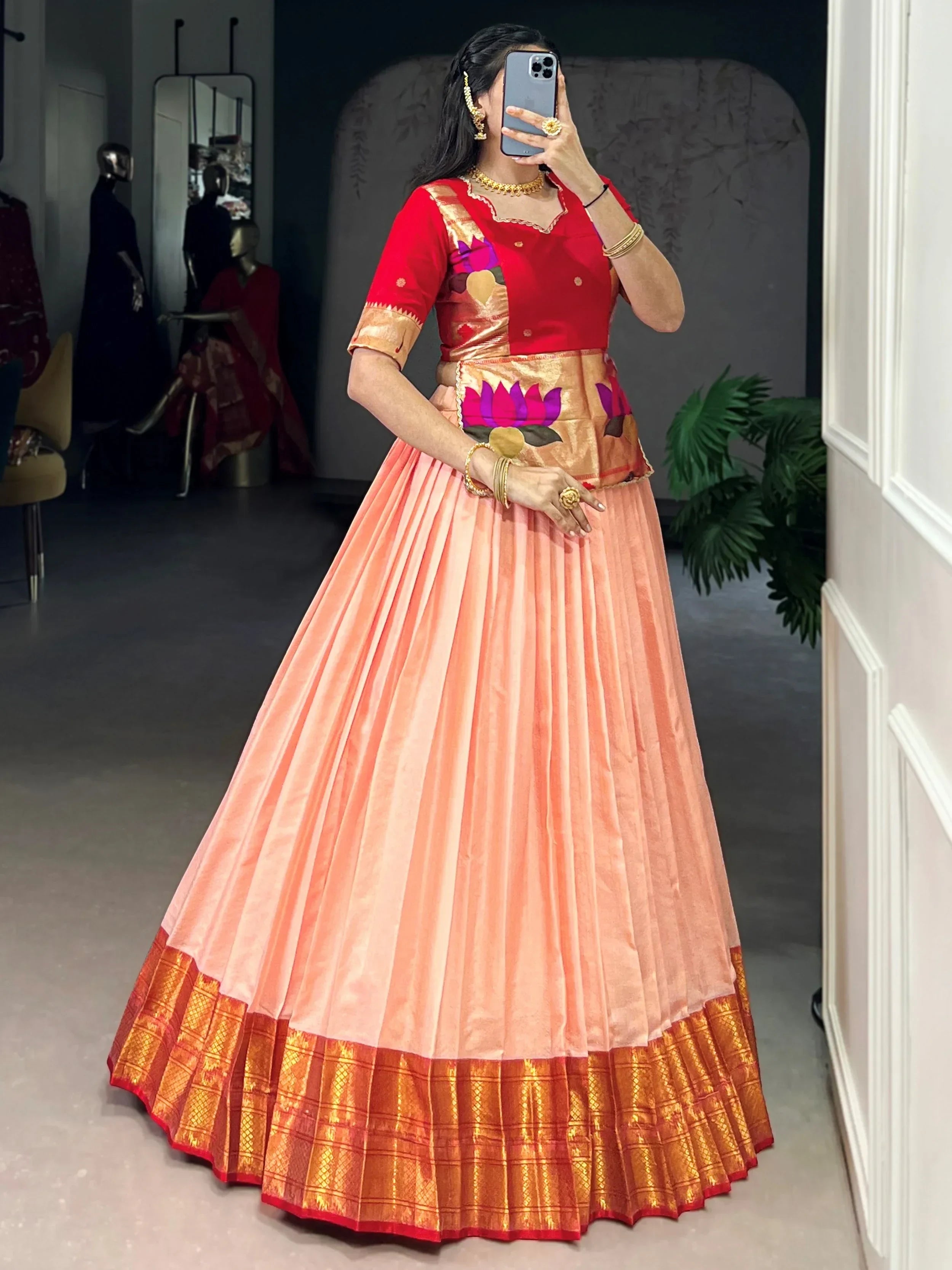 Peach Enchanting Zari Weaving Silk Festive Wear Crop Top Lehenga