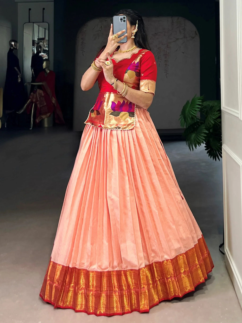 Peach Enchanting Zari Weaving Silk Festive Wear Crop Top Lehenga