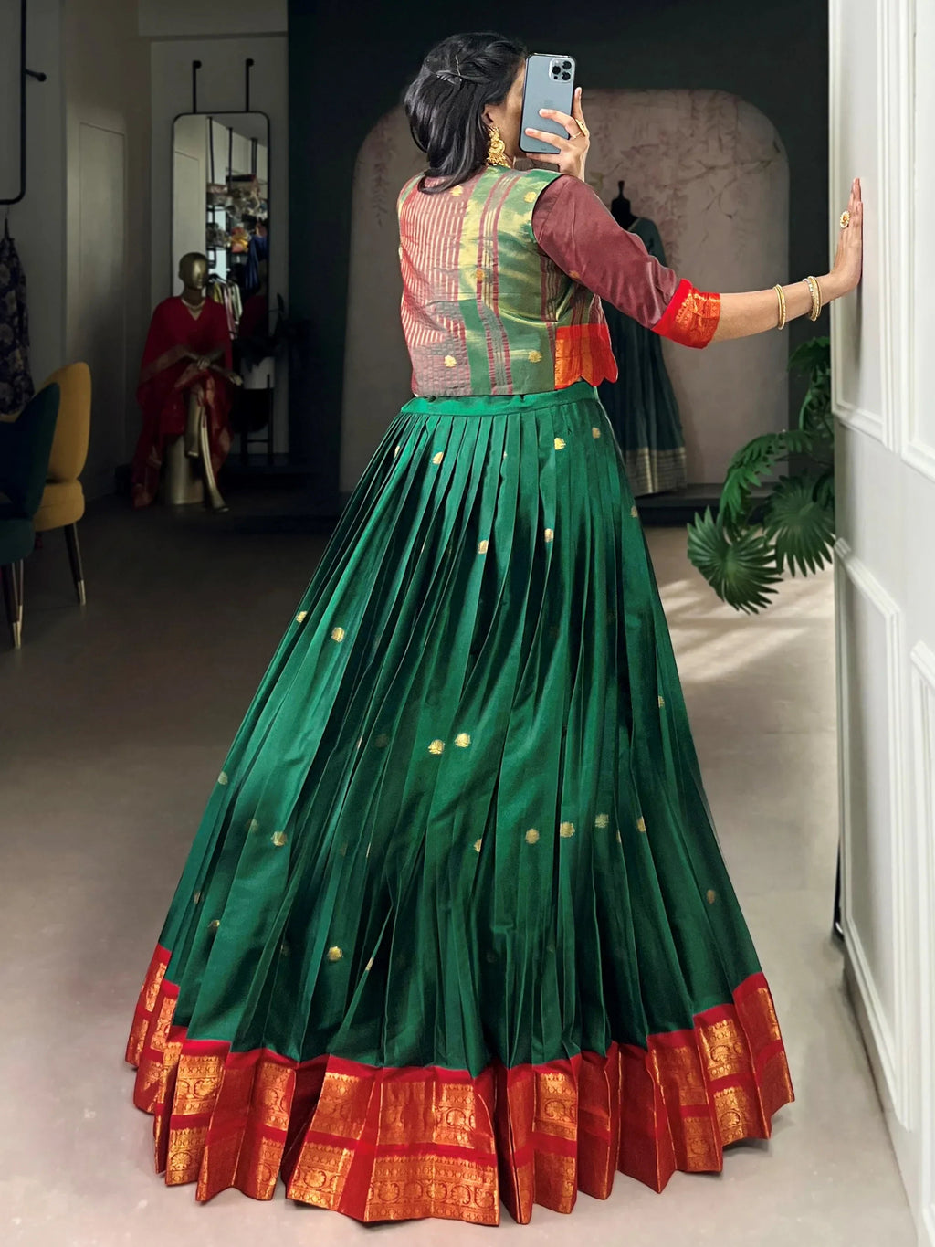 Green Alluring Zari Weaving Cotton Festive Wear Lehenga Choli With Koti