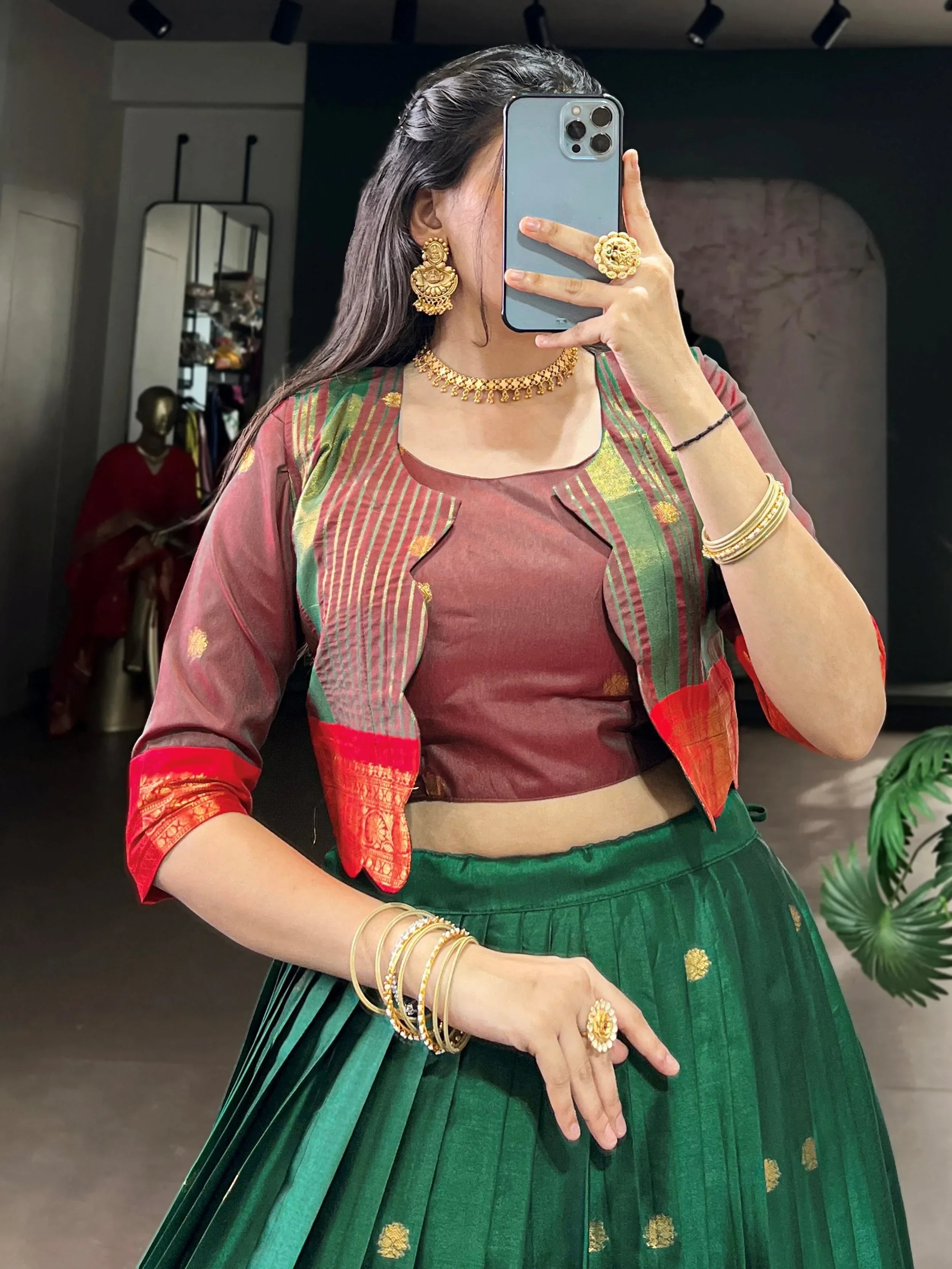 Green Alluring Zari Weaving Cotton Festive Wear Lehenga Choli With Koti