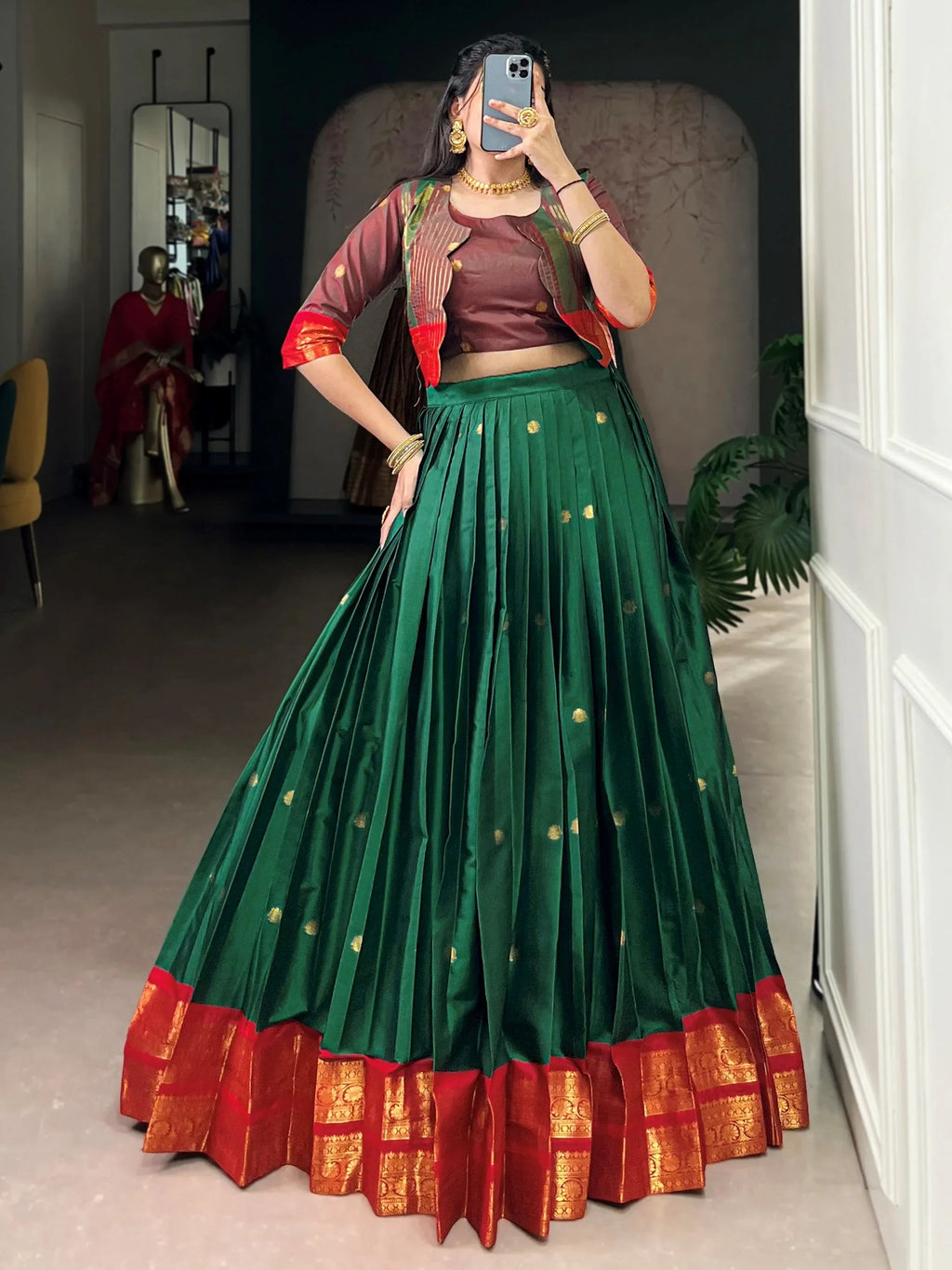 Green Alluring Zari Weaving Cotton Festive Wear Lehenga Choli With Koti