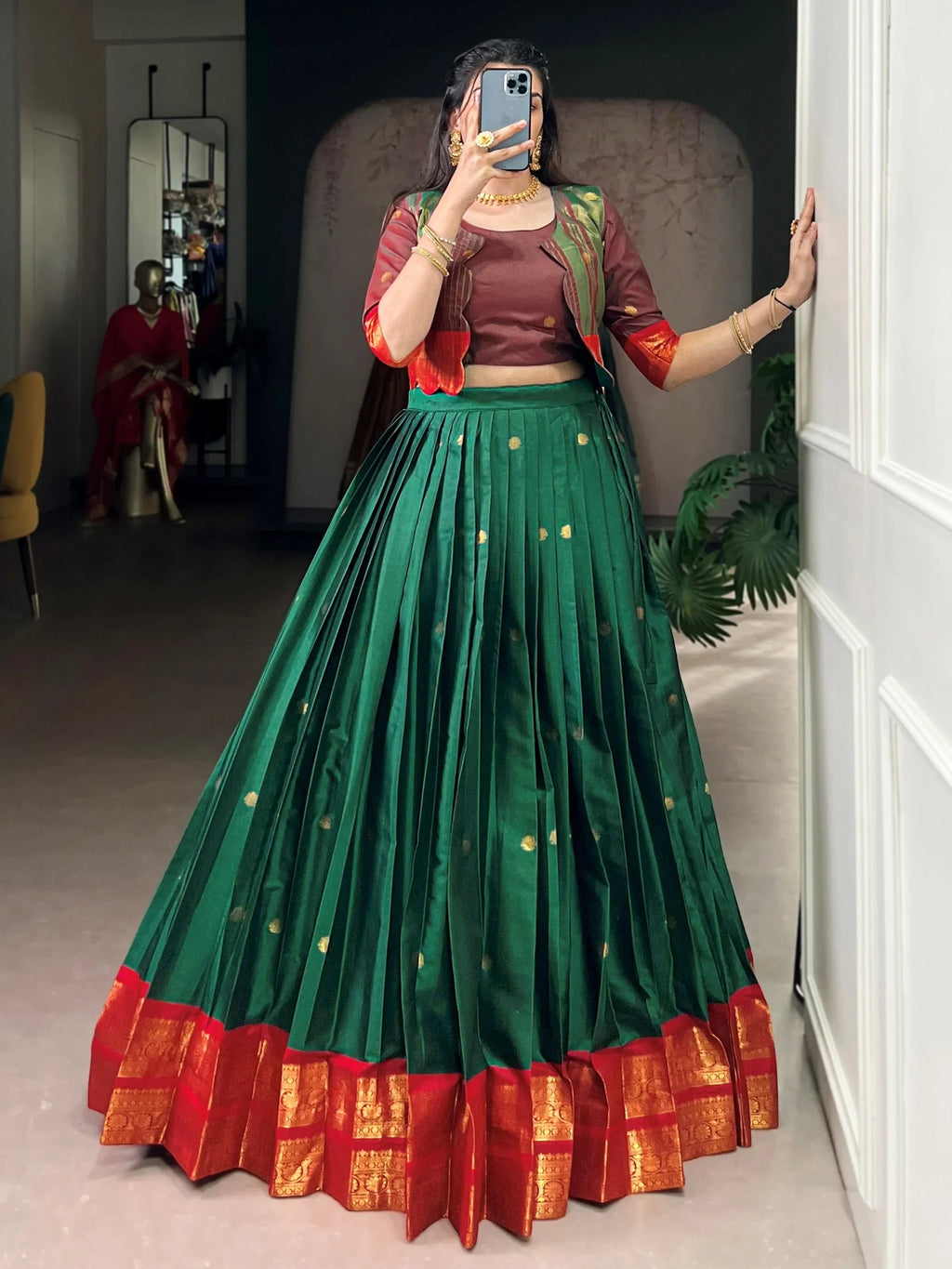 Green Alluring Zari Weaving Cotton Festive Wear Lehenga Choli With Koti