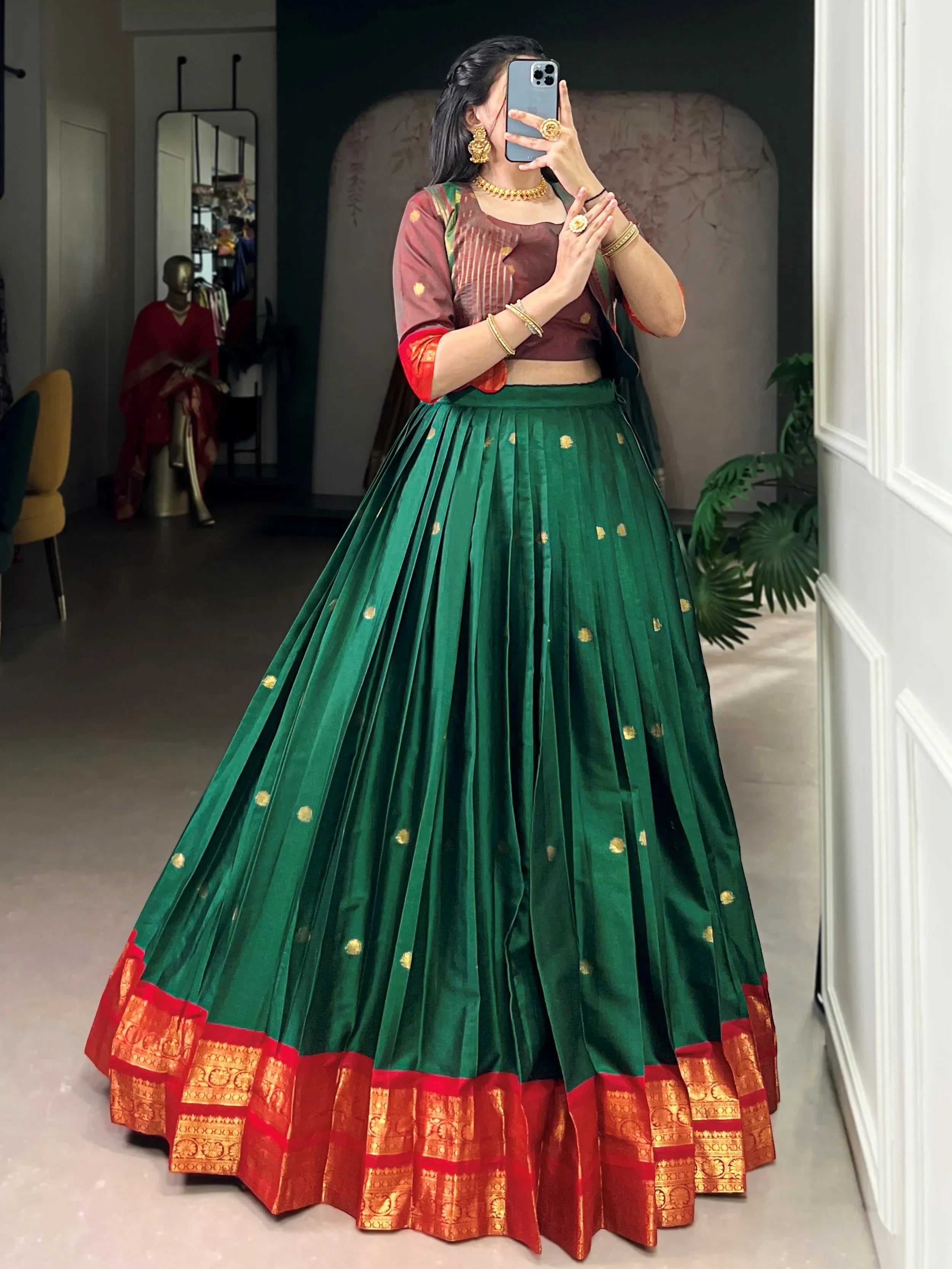 Green Alluring Zari Weaving Cotton Festive Wear Lehenga Choli With Koti