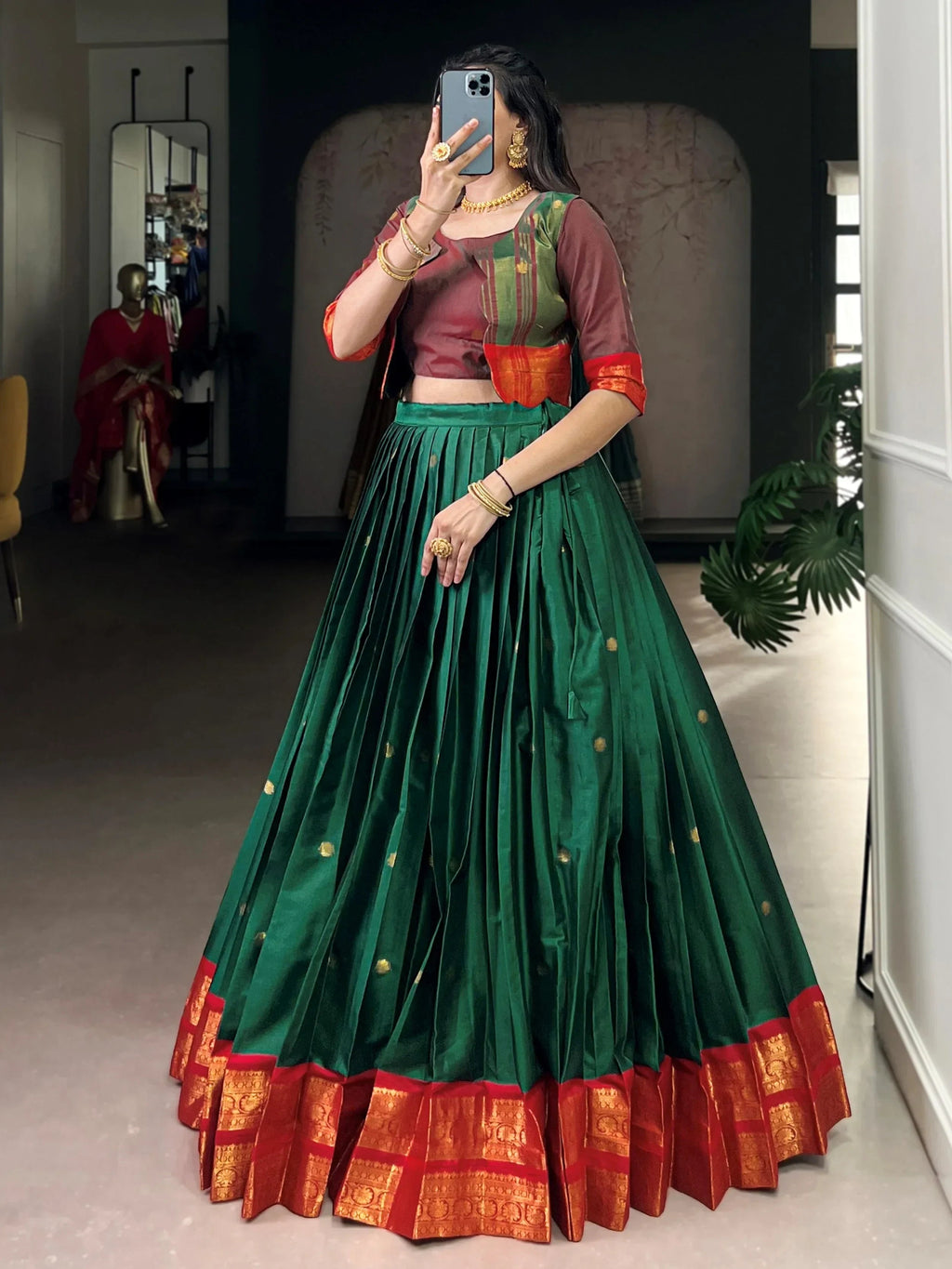 Green Alluring Zari Weaving Cotton Festive Wear Lehenga Choli With Koti