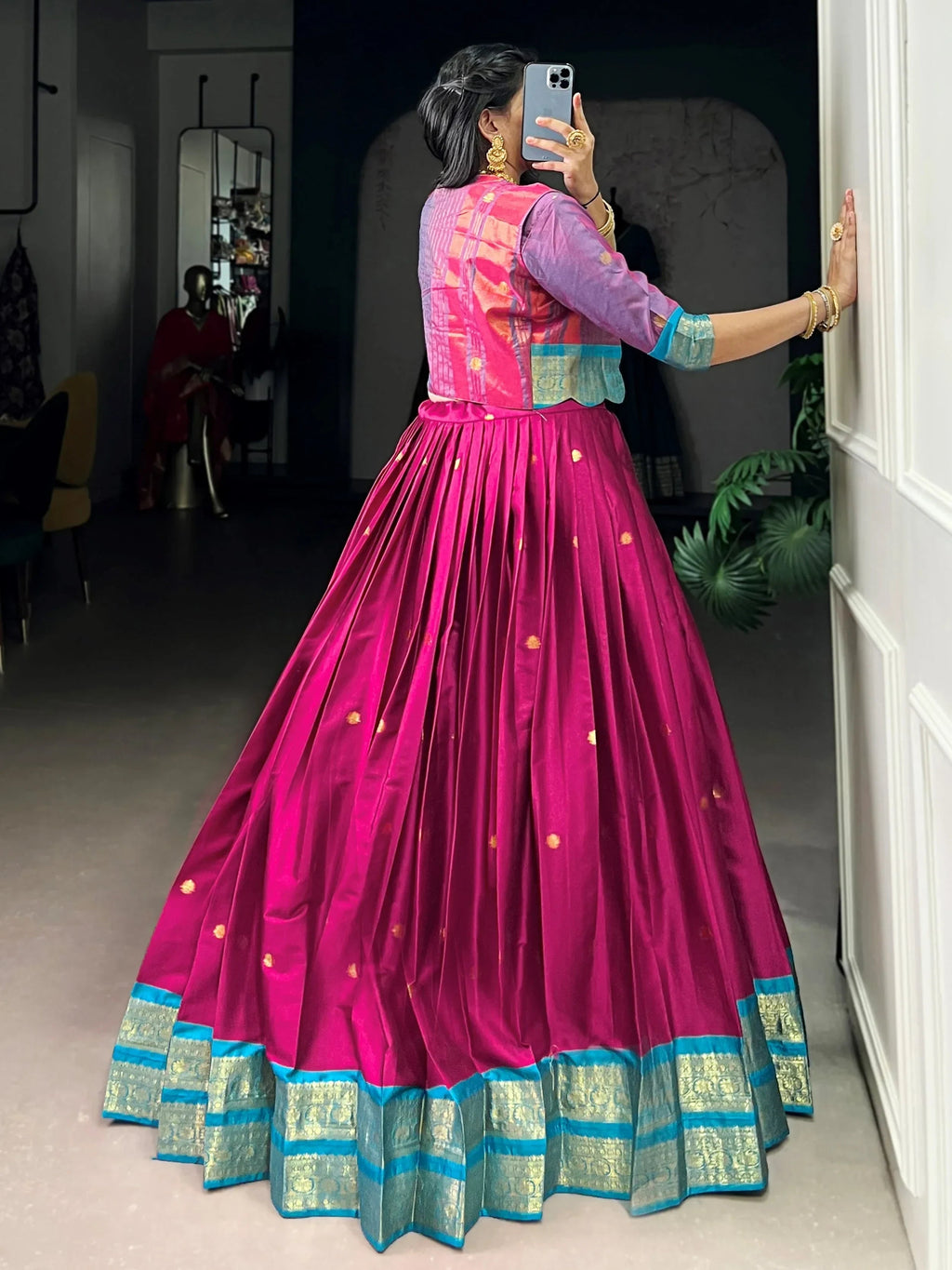 Pink Alluring Zari Weaving Cotton Festive Wear Lehenga Choli With Koti