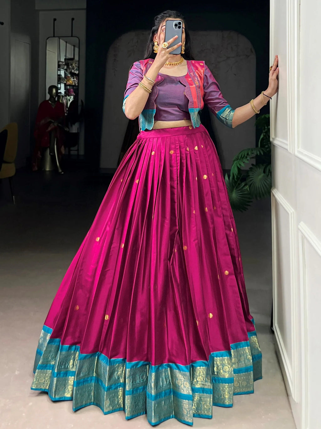 Pink Alluring Zari Weaving Cotton Festive Wear Lehenga Choli With Koti
