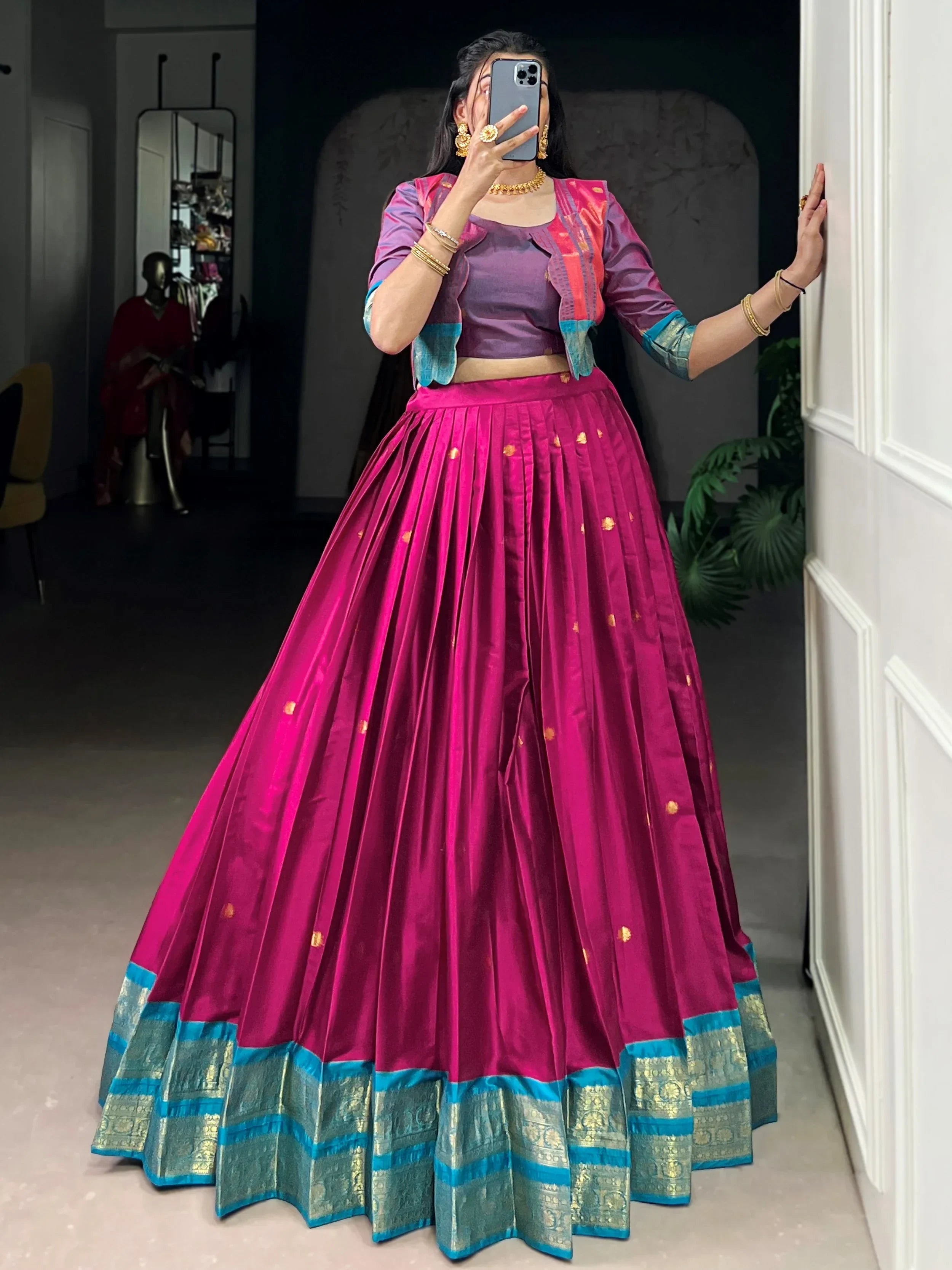 Pink Alluring Zari Weaving Cotton Festive Wear Lehenga Choli With Koti