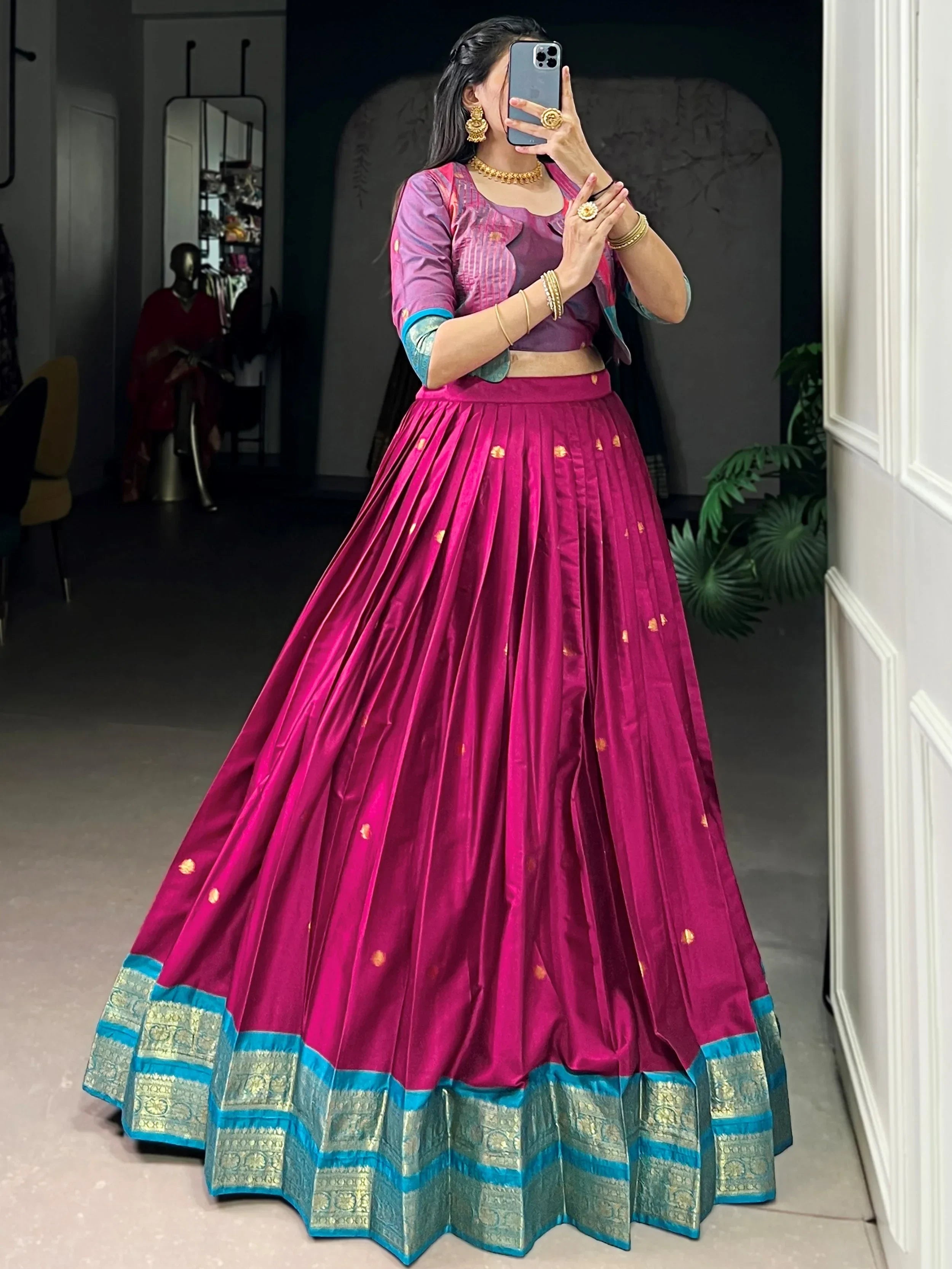 Pink Alluring Zari Weaving Cotton Festive Wear Lehenga Choli With Koti
