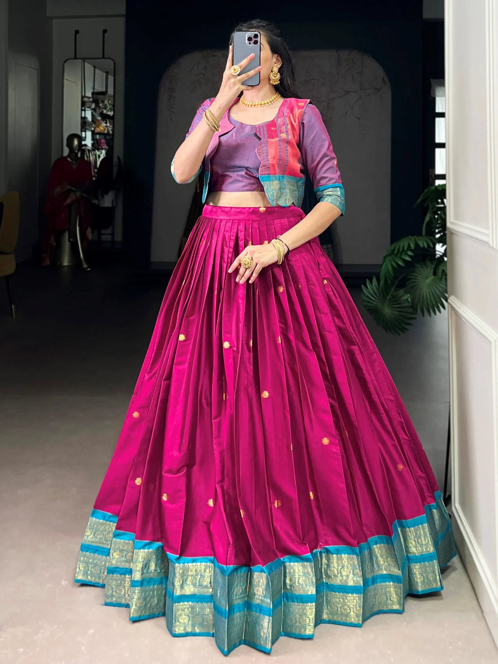 Pink Alluring Zari Weaving Cotton Festive Wear Lehenga Choli With Koti