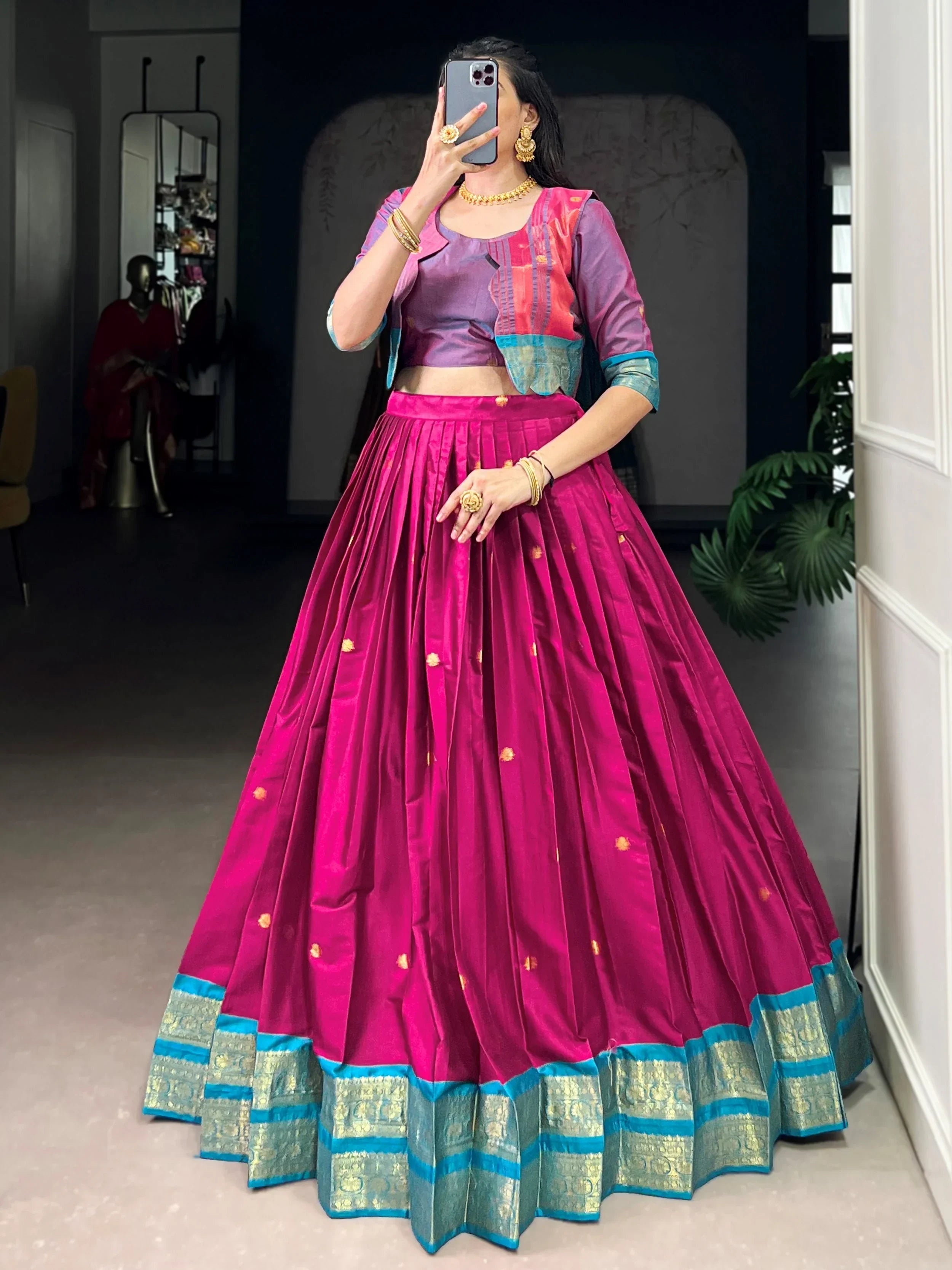 Pink Alluring Zari Weaving Cotton Festive Wear Lehenga Choli With Koti