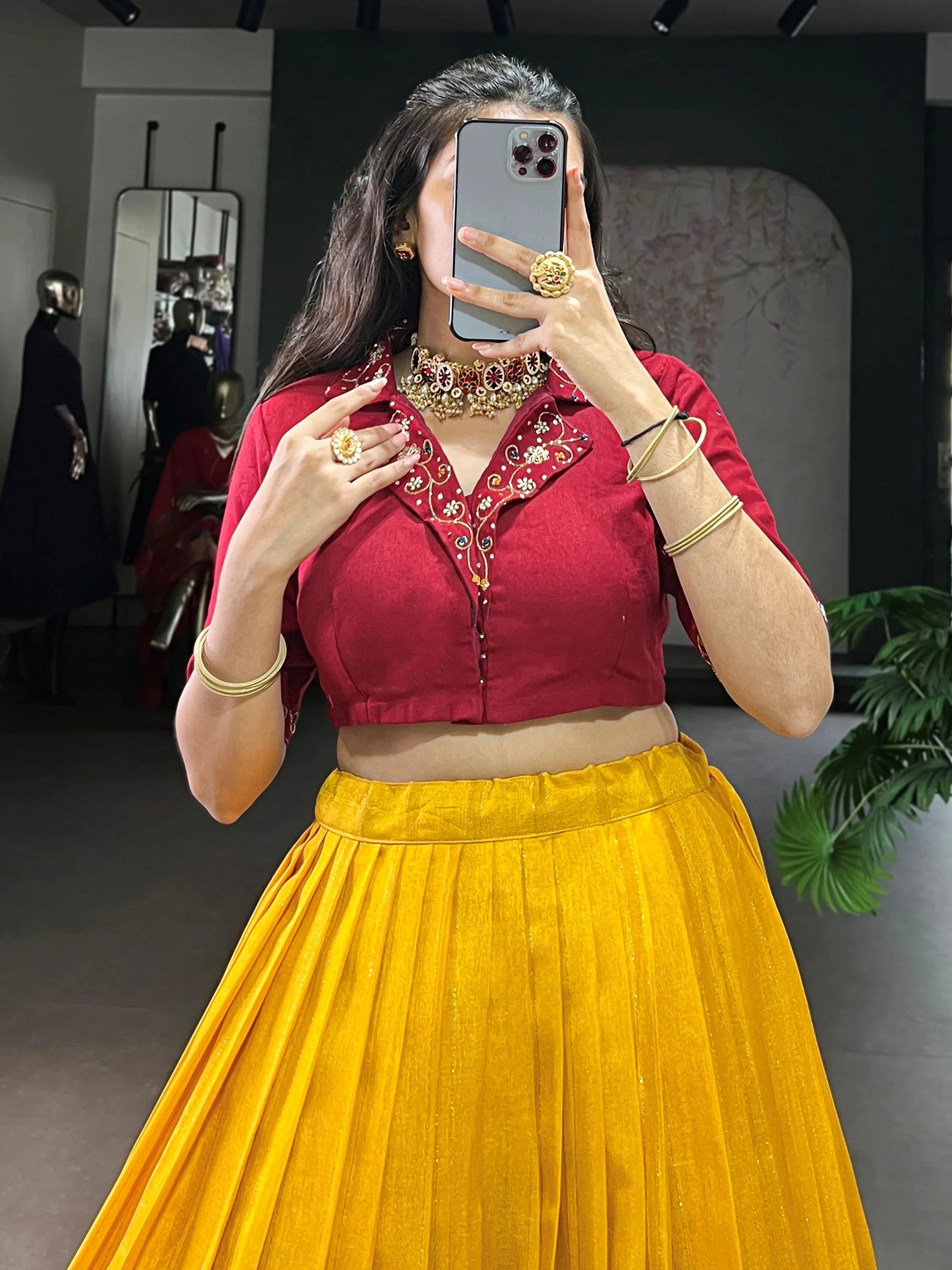 Mustard Glamorous Zari Weaving Cotton Wedding Wear Crop Top Lehenga