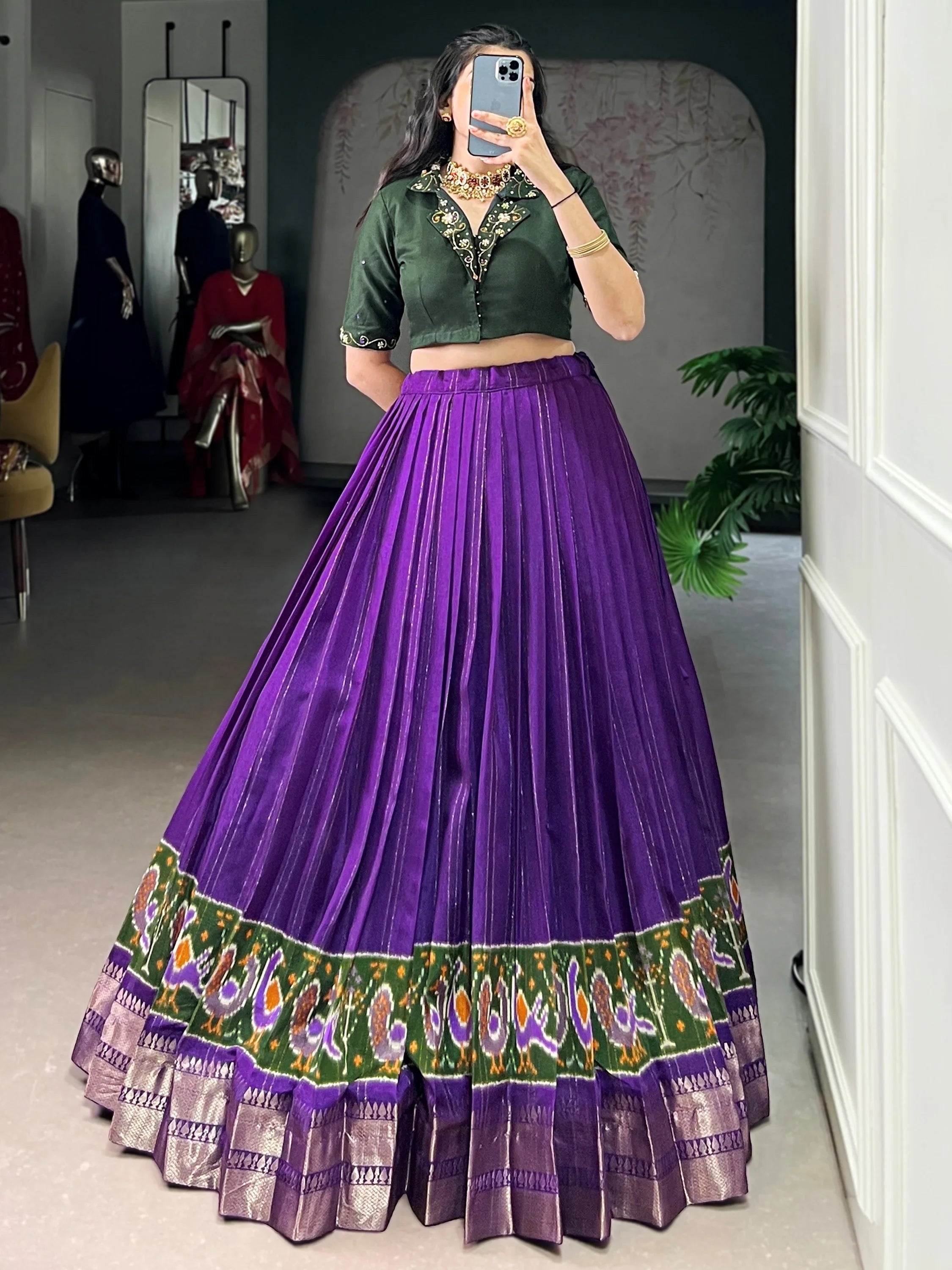 Purple Glamorous Zari Weaving Cotton Wedding Wear Crop Top Lehenga
