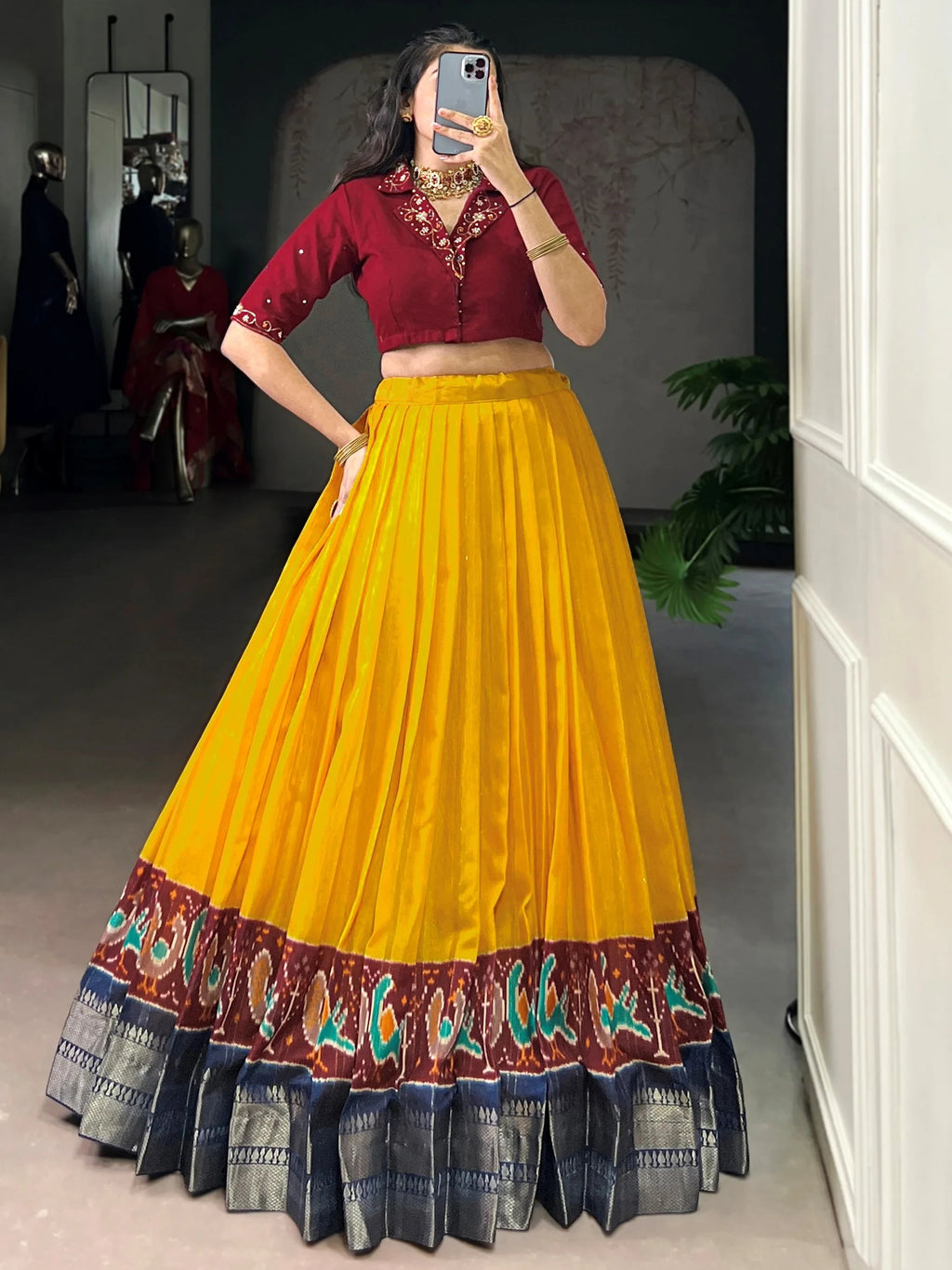 Mustard Glamorous Zari Weaving Cotton Wedding Wear Crop Top Lehenga
