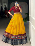 Mustard Glamorous Zari Weaving Cotton Wedding Wear Crop Top Lehenga