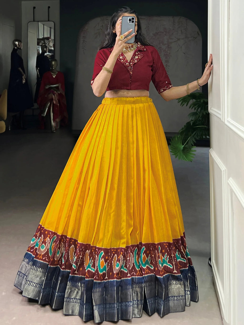Mustard Glamorous Zari Weaving Cotton Wedding Wear Crop Top Lehenga