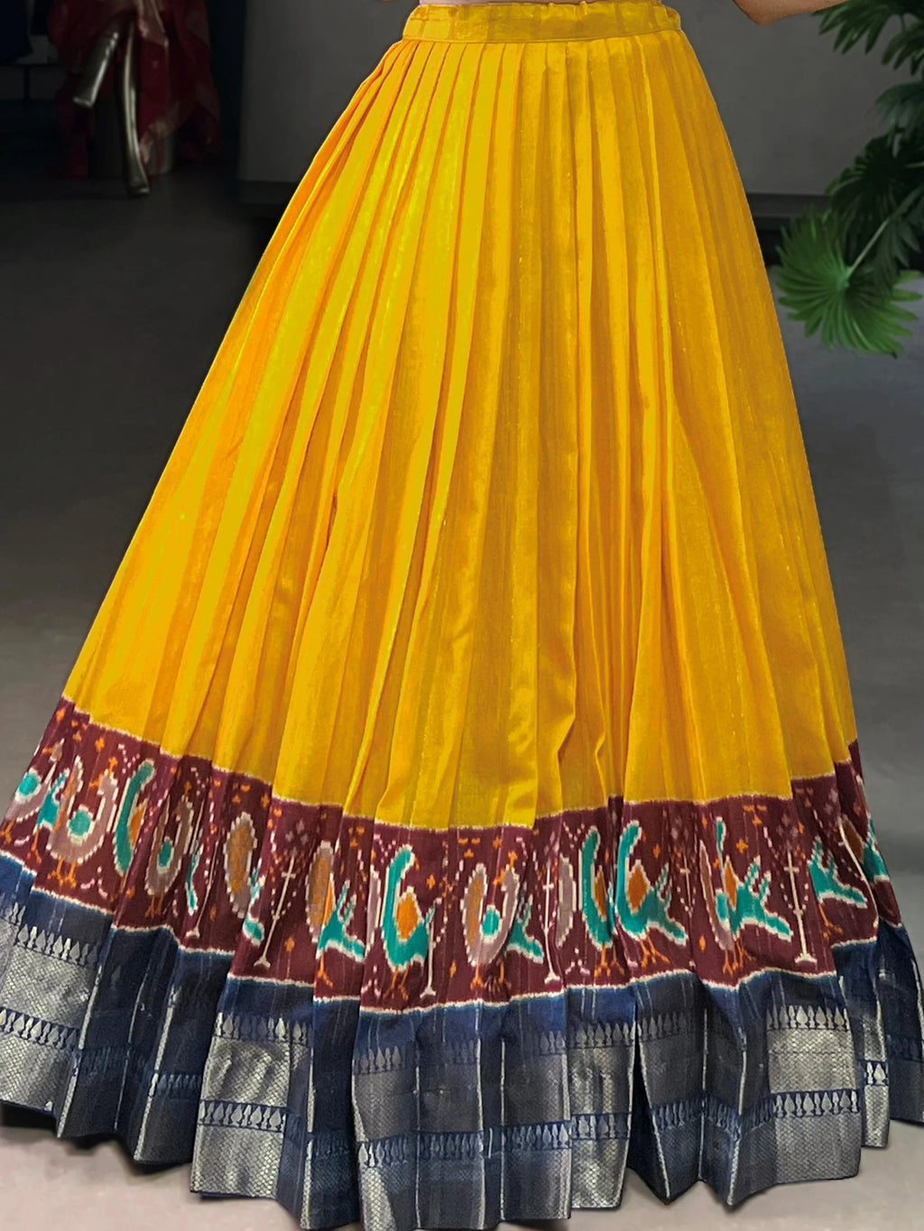 Mustard Glamorous Zari Weaving Cotton Wedding Wear Crop Top Lehenga