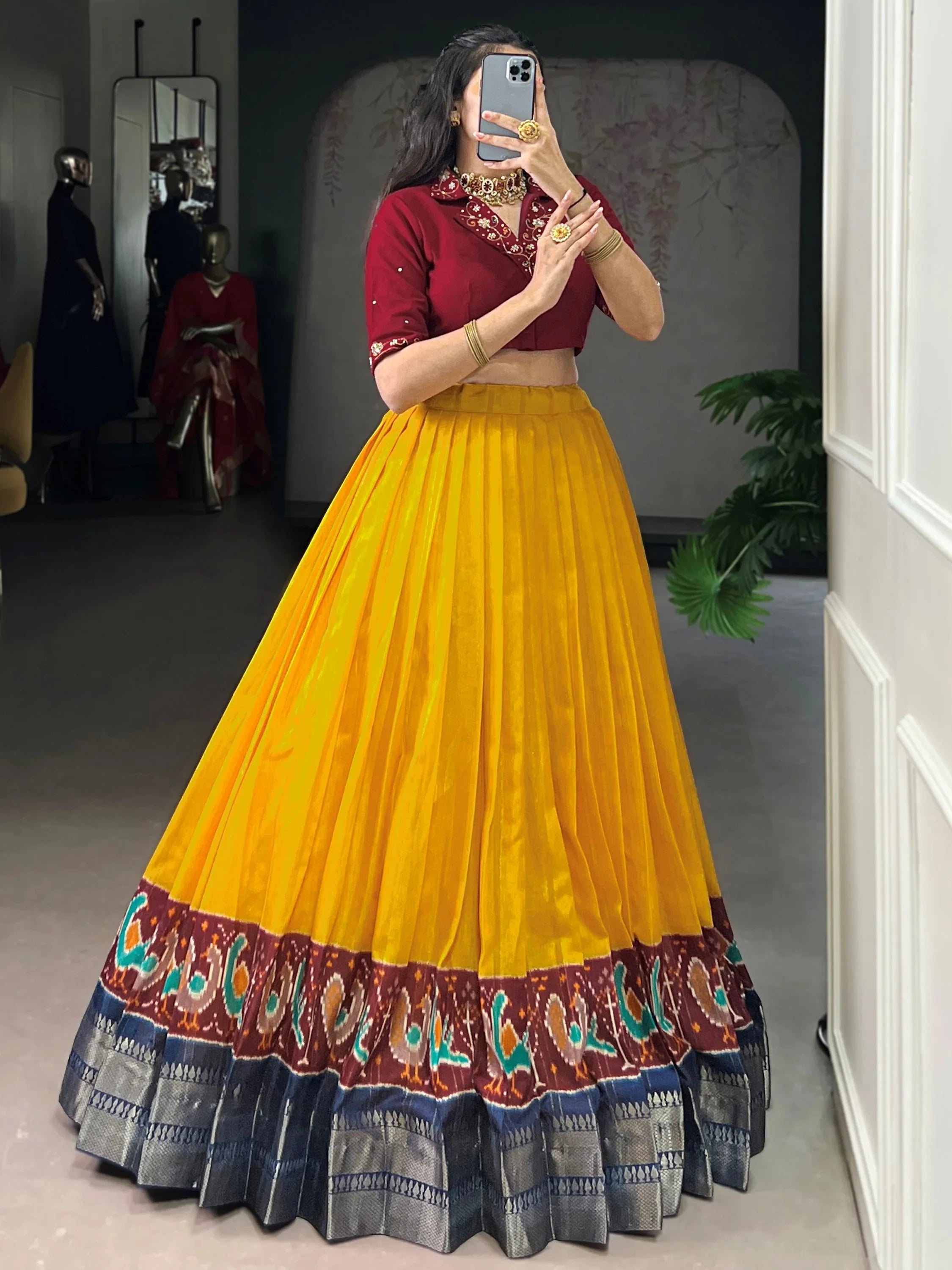Mustard Glamorous Zari Weaving Cotton Wedding Wear Crop Top Lehenga