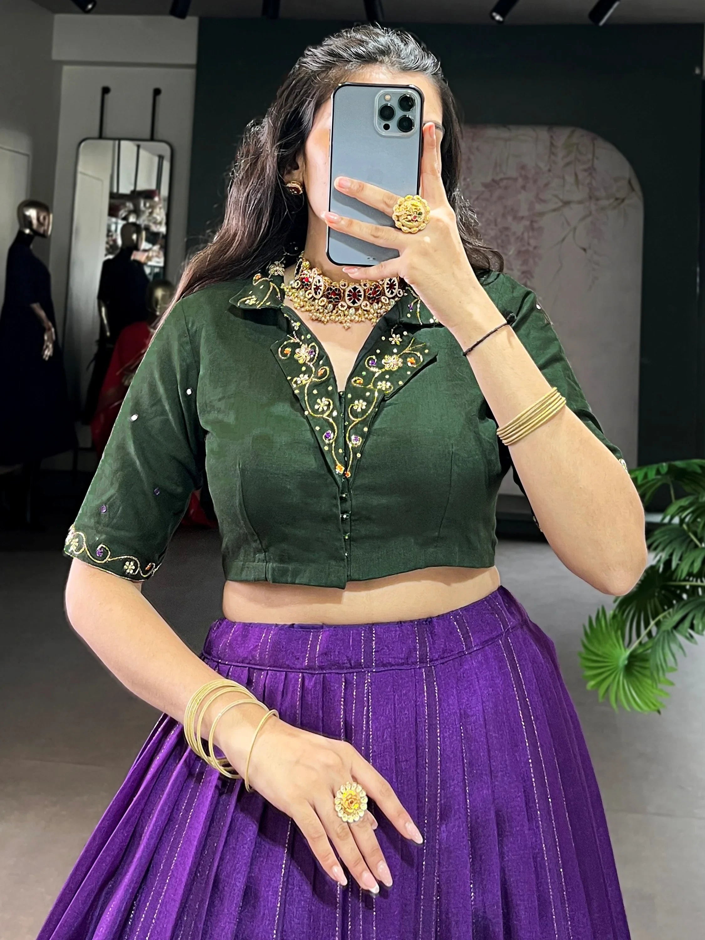 Purple Glamorous Zari Weaving Cotton Wedding Wear Crop Top Lehenga
