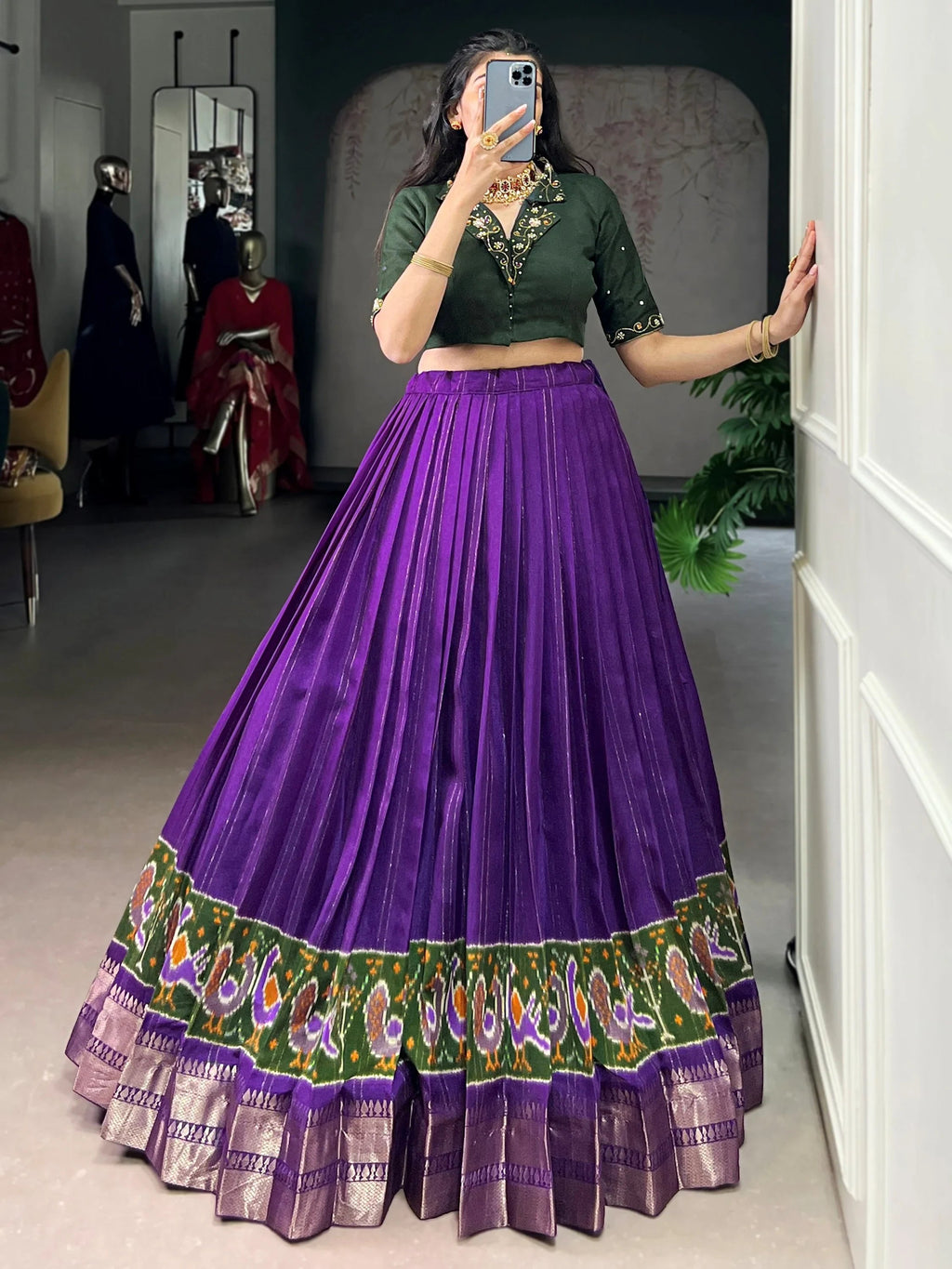 Purple Glamorous Zari Weaving Cotton Wedding Wear Crop Top Lehenga
