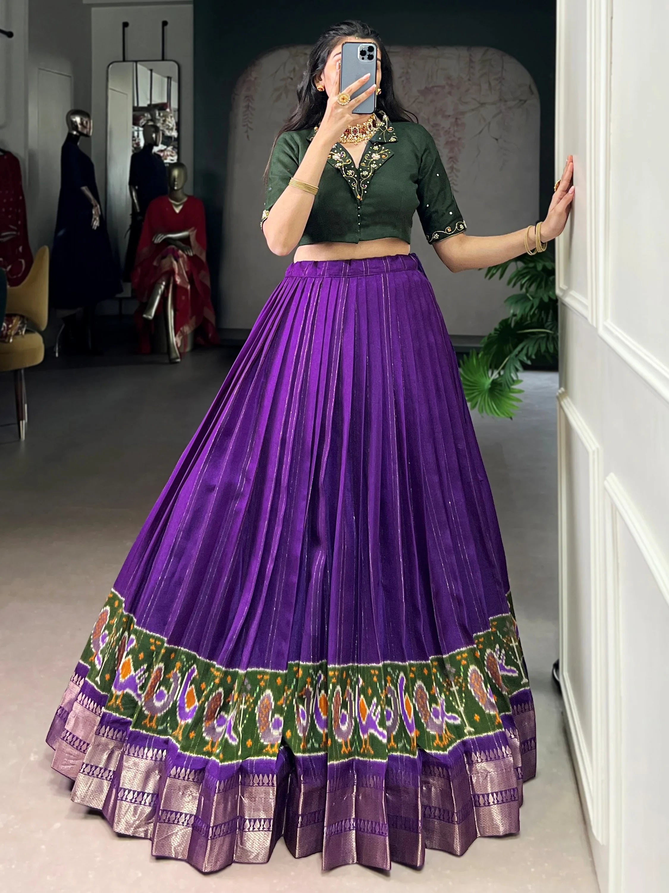 Purple Glamorous Zari Weaving Cotton Wedding Wear Crop Top Lehenga
