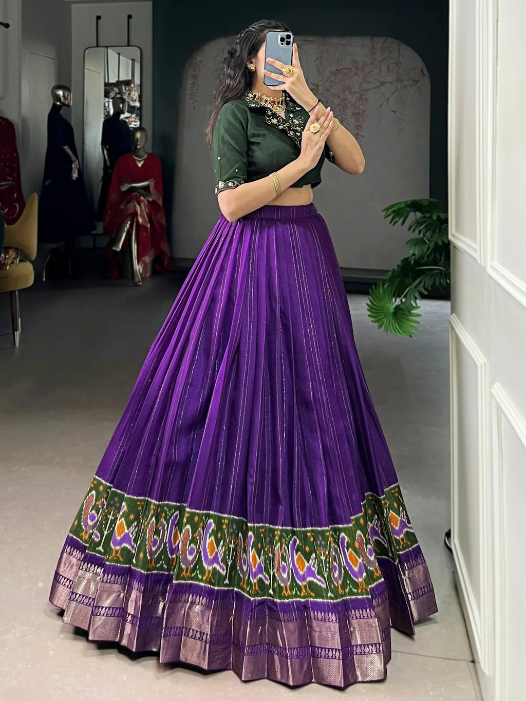 Purple Glamorous Zari Weaving Cotton Wedding Wear Crop Top Lehenga
