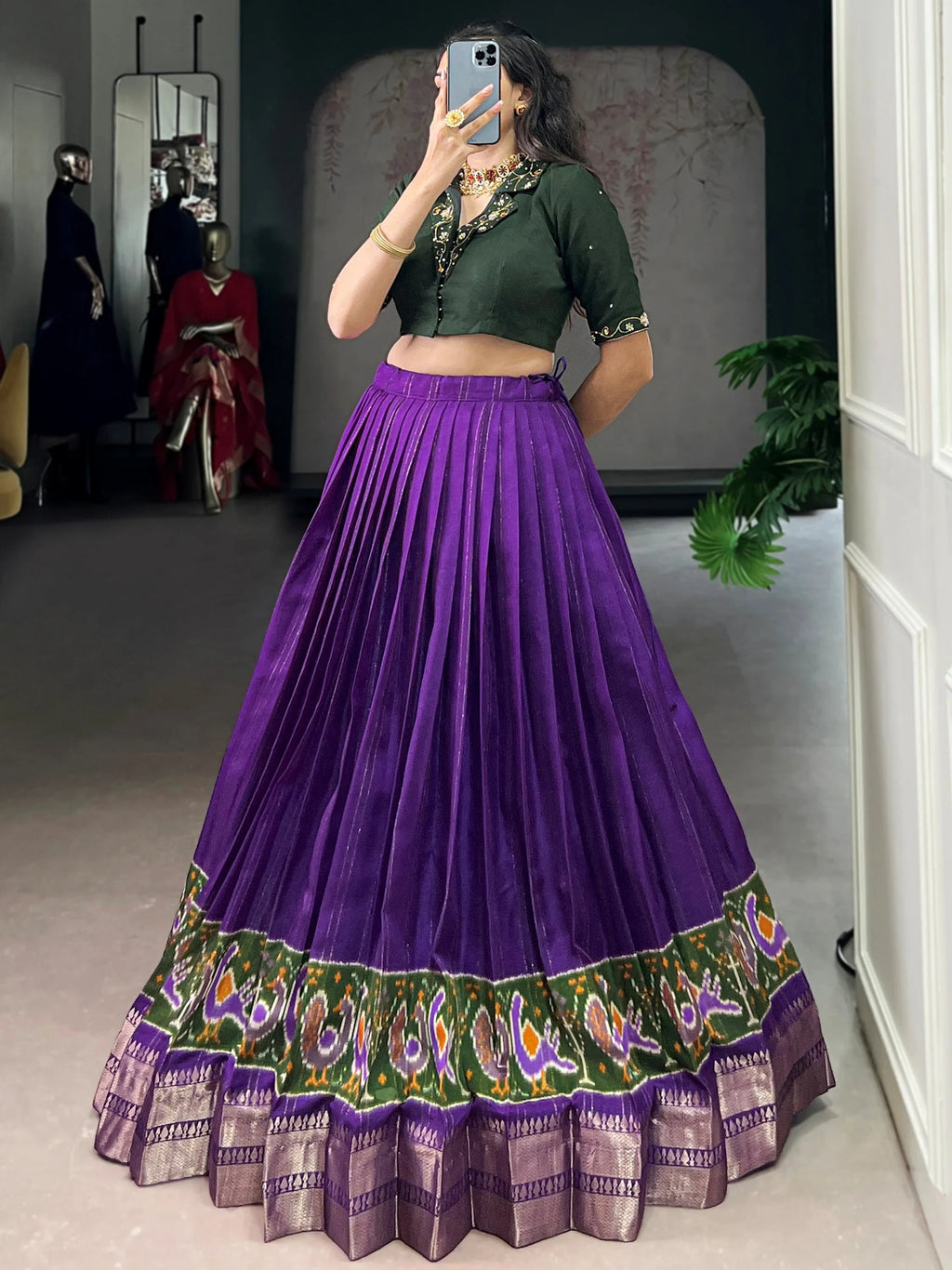 Purple Glamorous Zari Weaving Cotton Wedding Wear Crop Top Lehenga