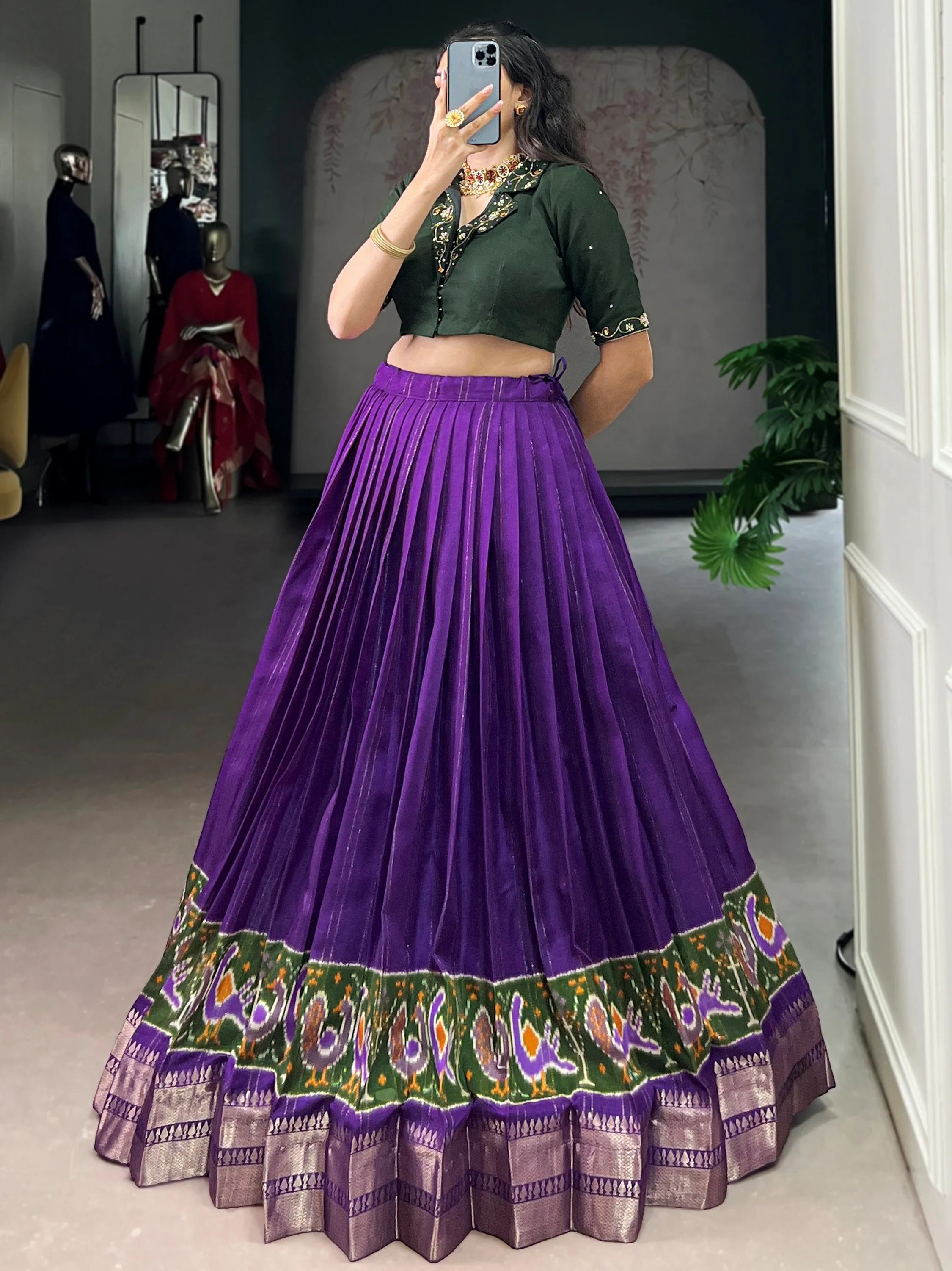 Purple Glamorous Zari Weaving Cotton Wedding Wear Crop Top Lehenga