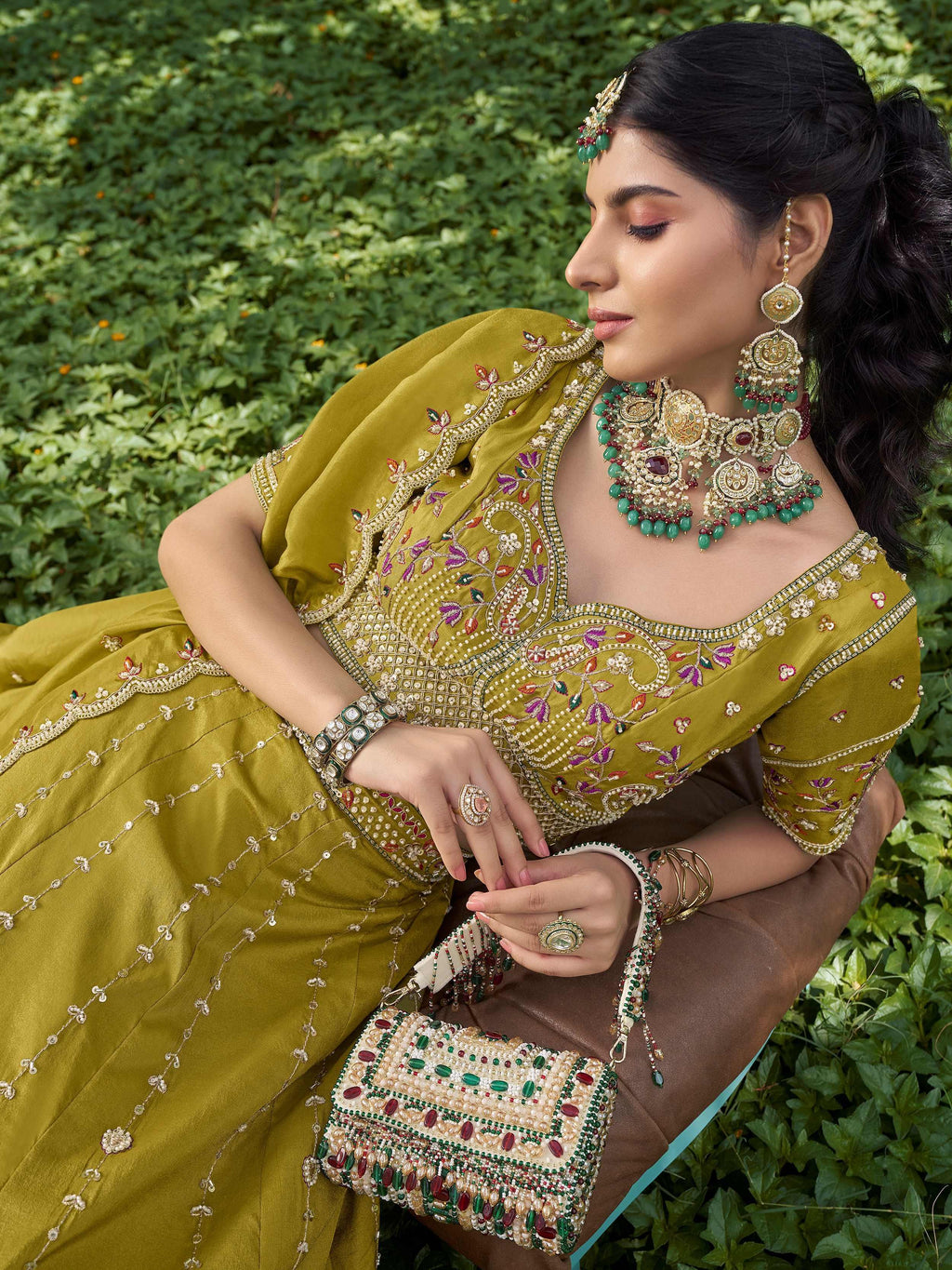 Glowing Green Embroidered Tissue Wedding Wear Lehenga Choli