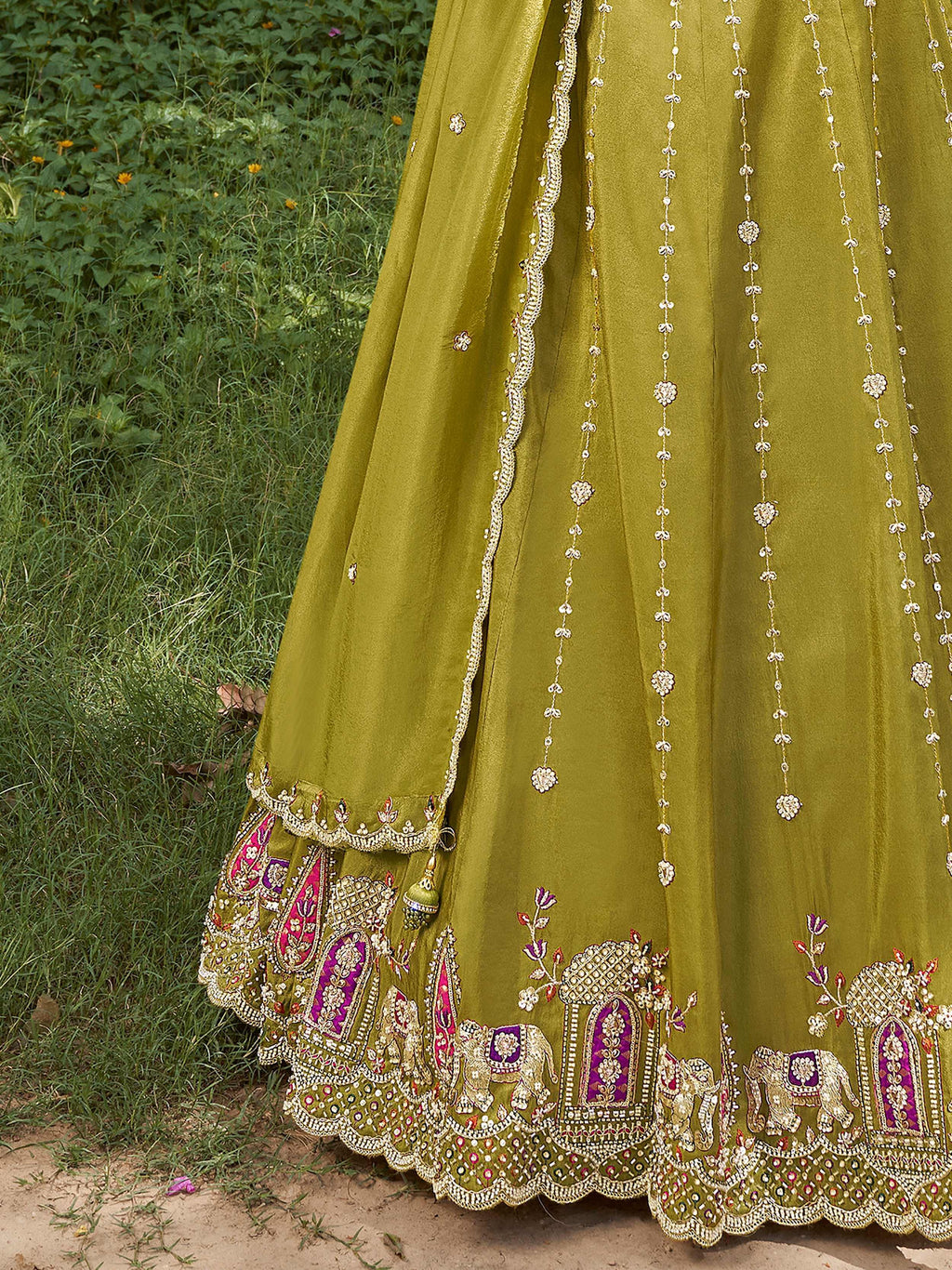 Glowing Green Embroidered Tissue Wedding Wear Lehenga Choli