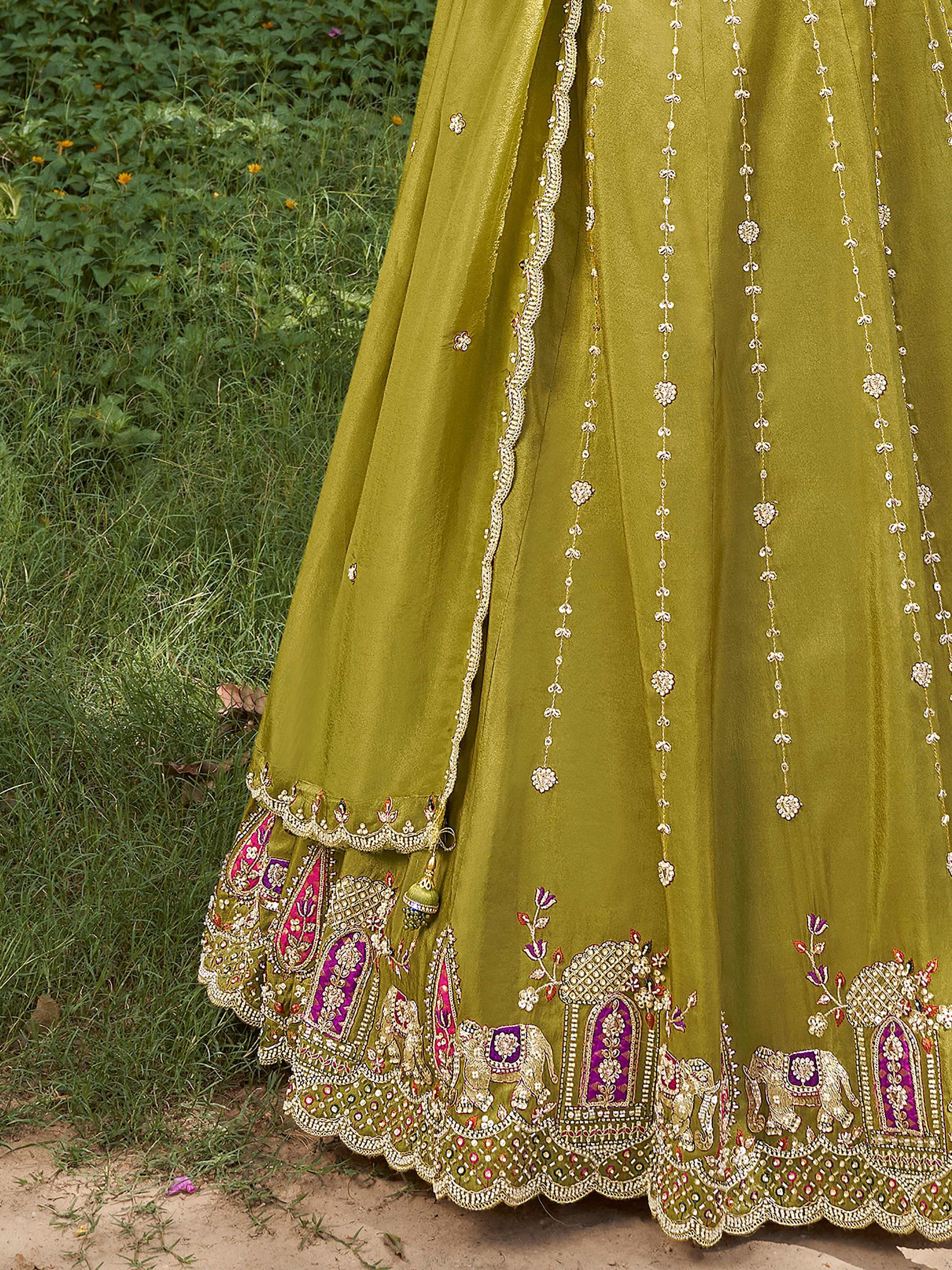 Glowing Green Embroidered Tissue Wedding Wear Lehenga Choli