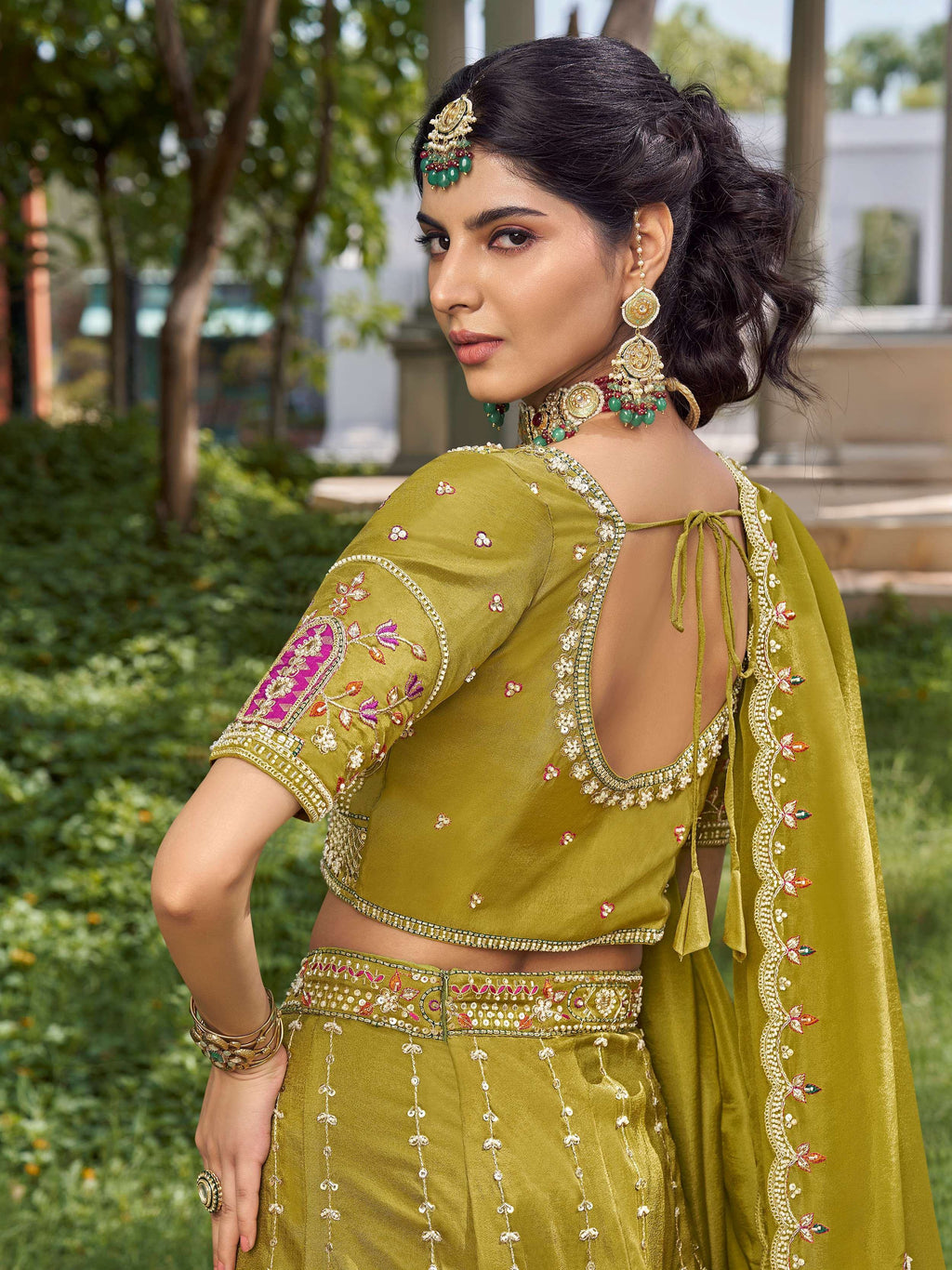 Glowing Green Embroidered Tissue Wedding Wear Lehenga Choli