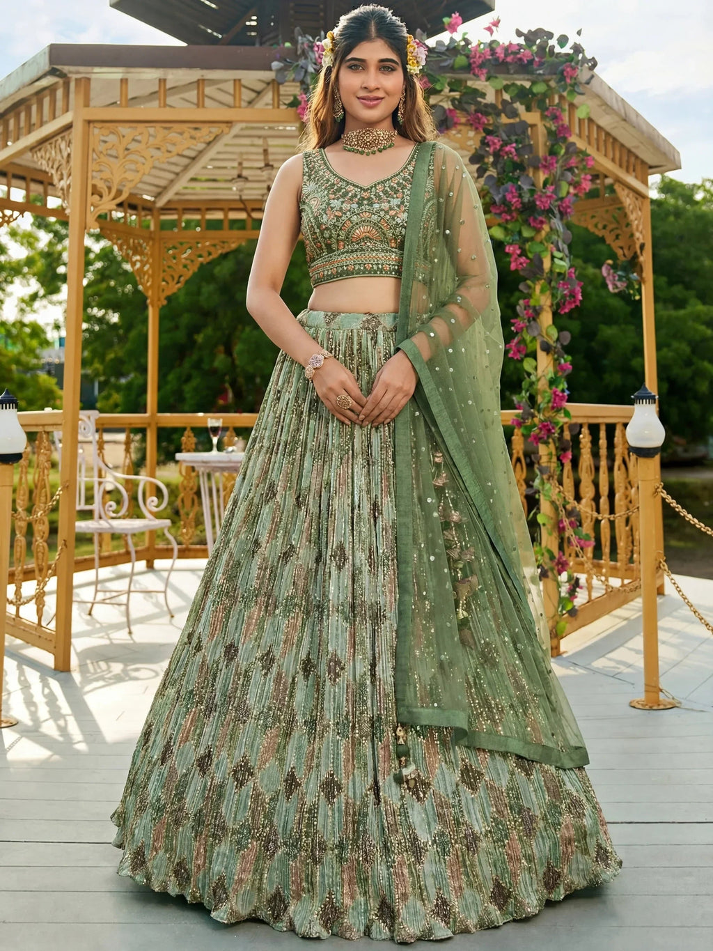 Gorgeous Green Embroidered Chinon Function Wear Lehenga Choli