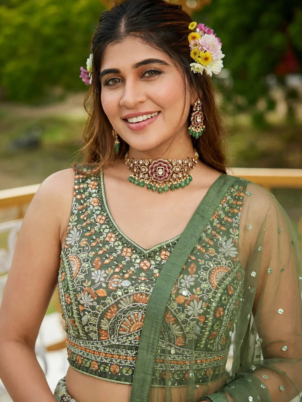 Gorgeous Green Embroidered Chinon Function Wear Lehenga Choli