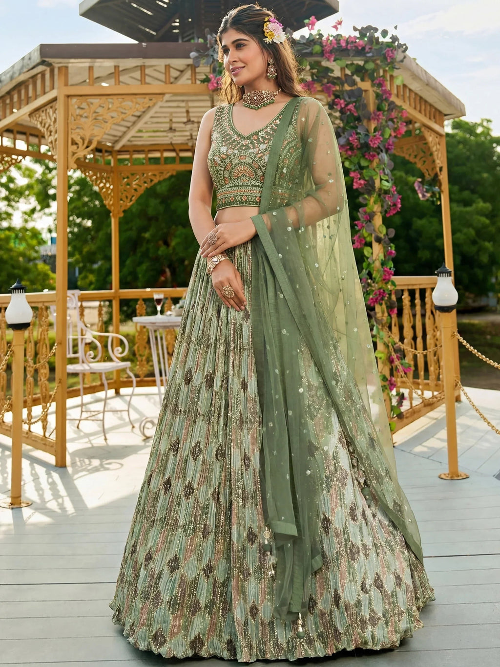 Gorgeous Green Embroidered Chinon Function Wear Lehenga Choli
