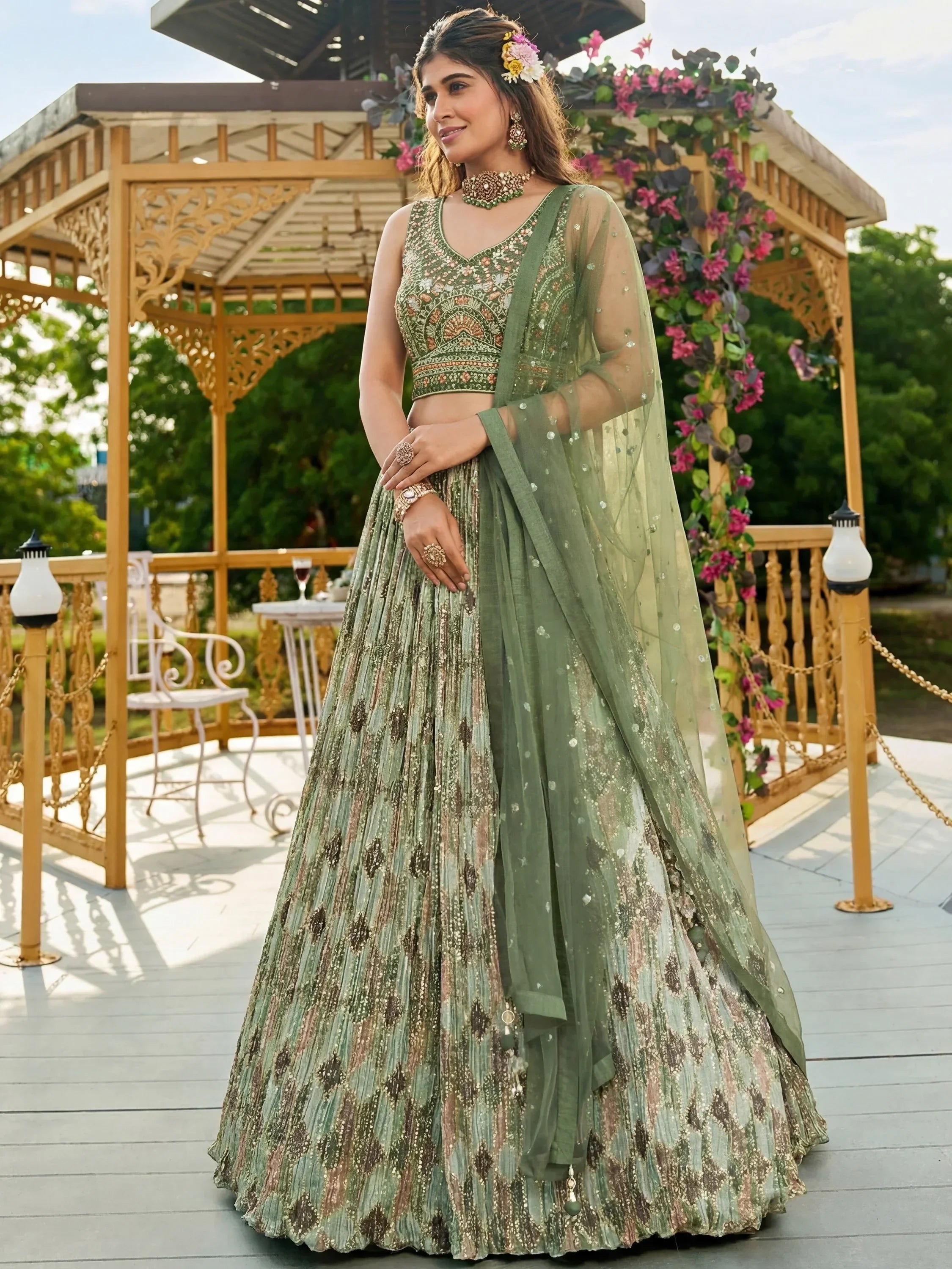 Gorgeous Green Embroidered Chinon Function Wear Lehenga Choli