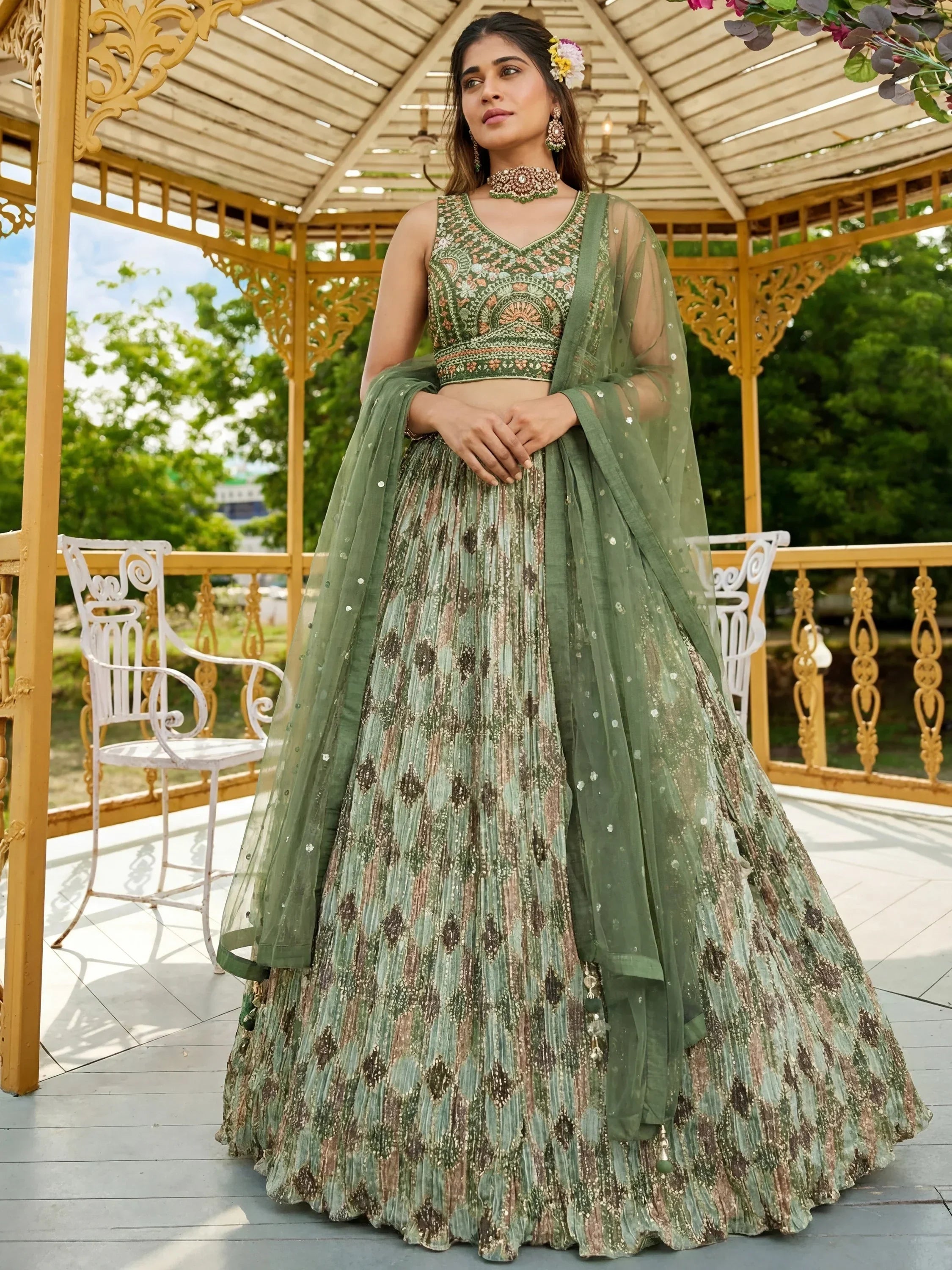 Gorgeous Green Embroidered Chinon Function Wear Lehenga Choli