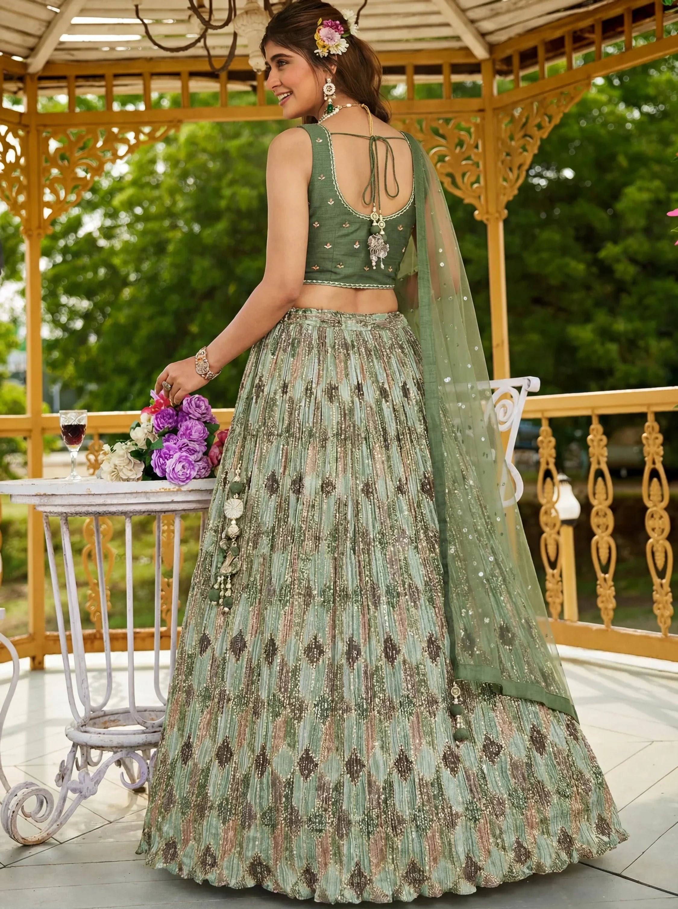 Gorgeous Green Embroidered Chinon Function Wear Lehenga Choli