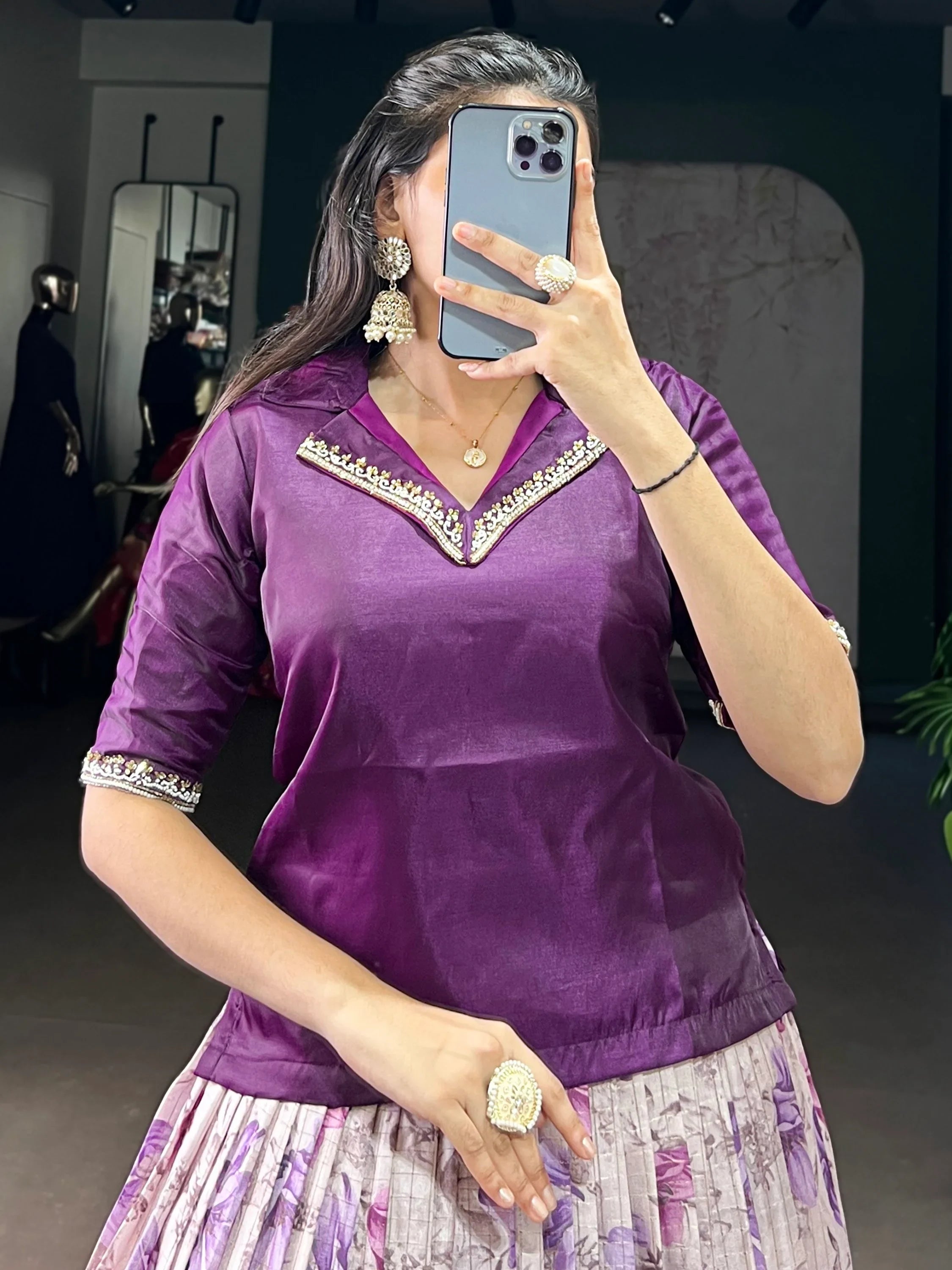 Purple Classic Floral Printed Dola Silk Festive Wear Co-Ord Lehenga Set