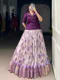 Purple Classic Floral Printed Dola Silk Festive Wear Co-Ord Lehenga Set
