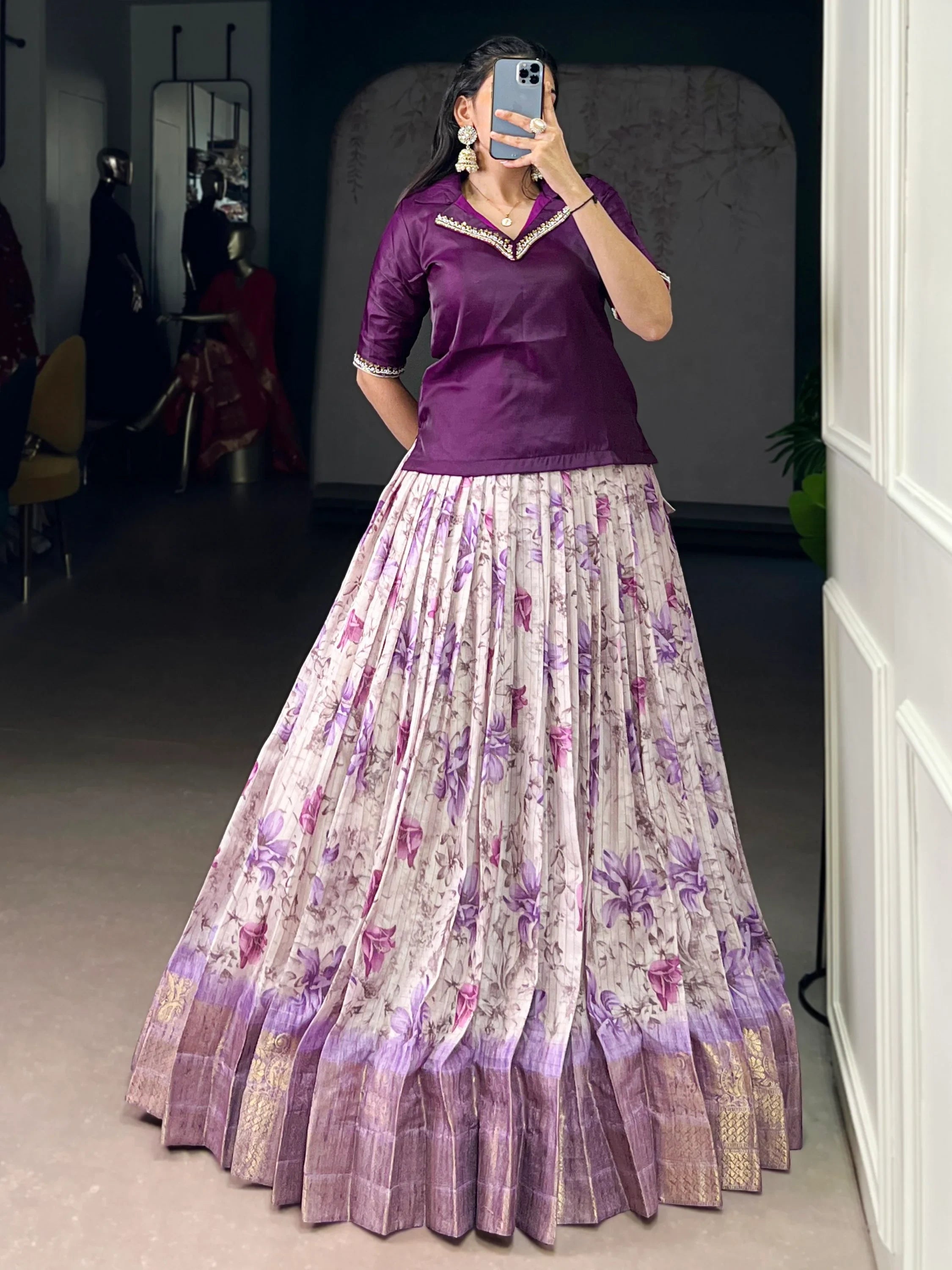 Purple Classic Floral Printed Dola Silk Festive Wear Co-Ord Lehenga Set
