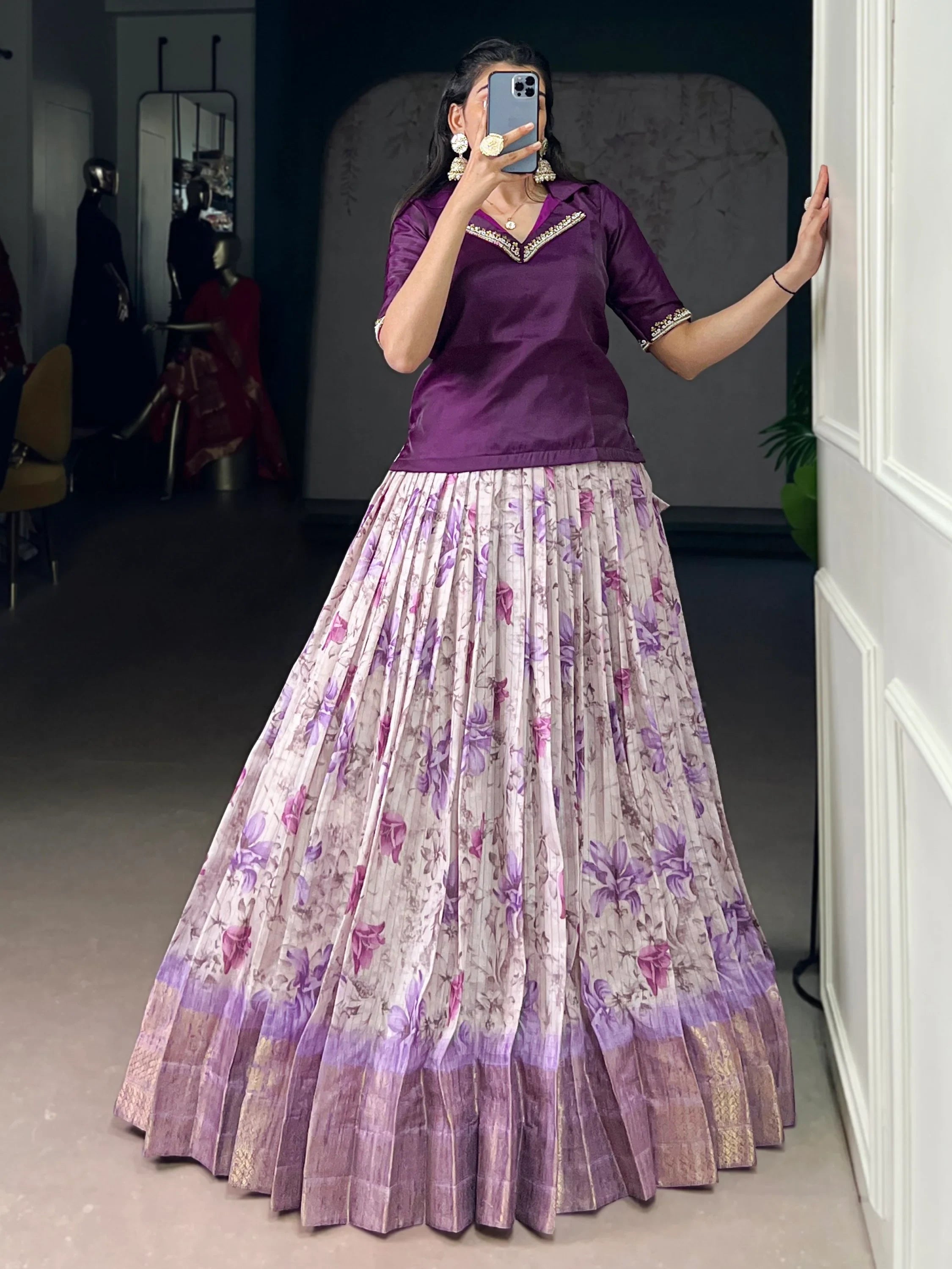 Purple Classic Floral Printed Dola Silk Festive Wear Co-Ord Lehenga Set