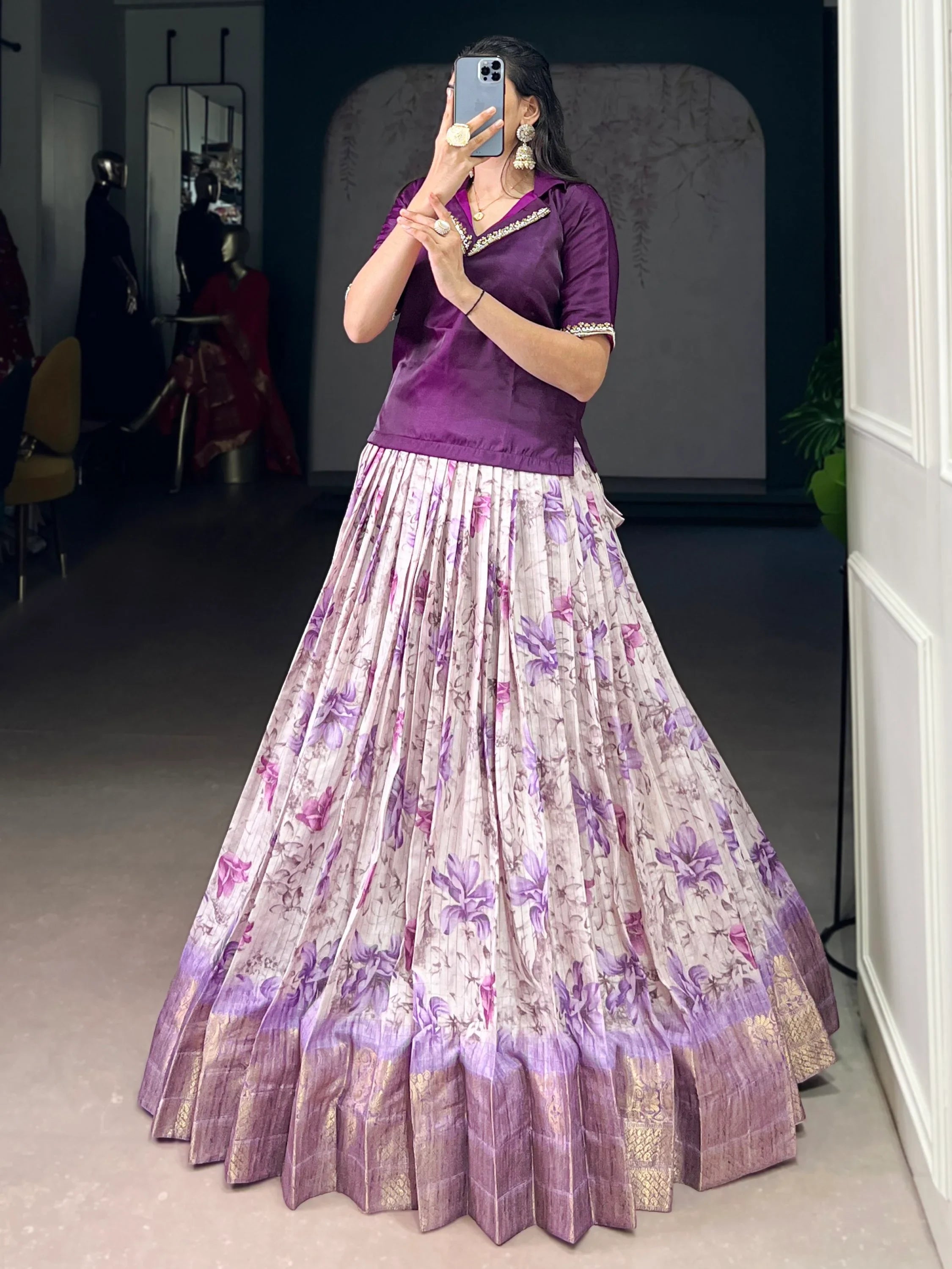 Purple Classic Floral Printed Dola Silk Festive Wear Co-Ord Lehenga Set