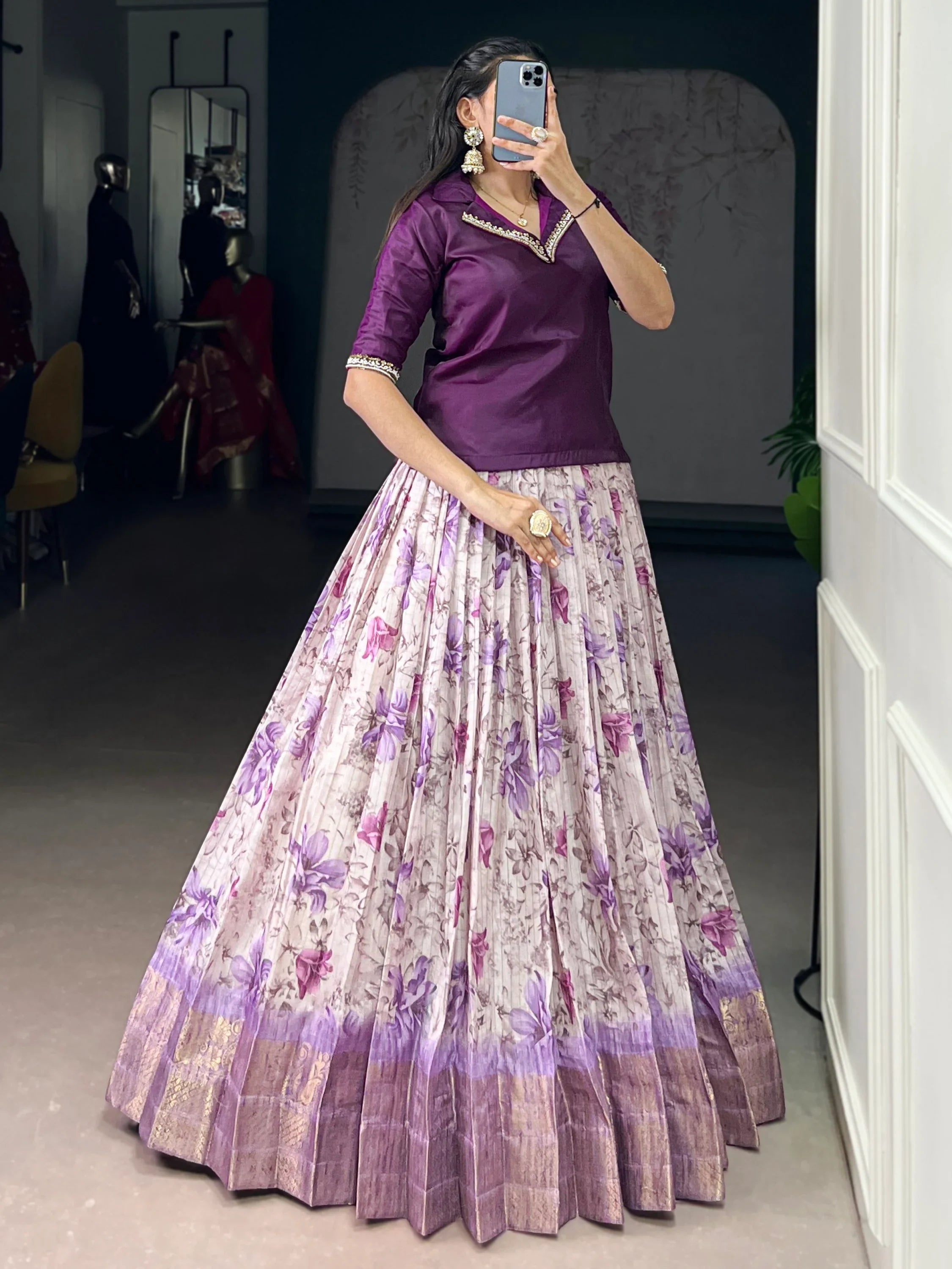Purple Classic Floral Printed Dola Silk Festive Wear Co-Ord Lehenga Set