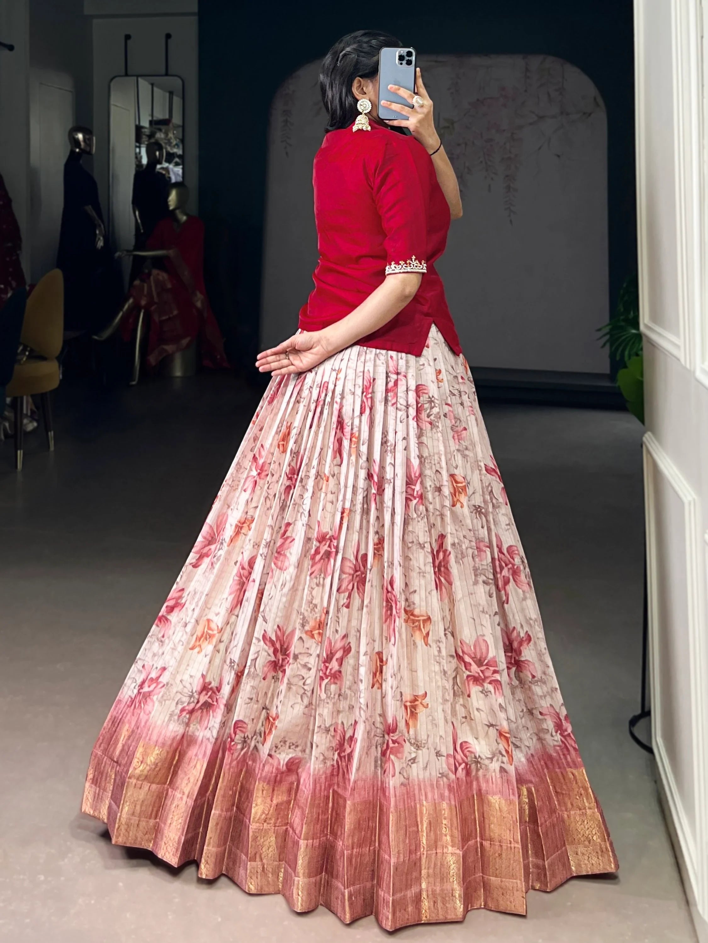 Red Classic Floral Printed Dola Silk Festive Wear Co-Ord Lehenga Set