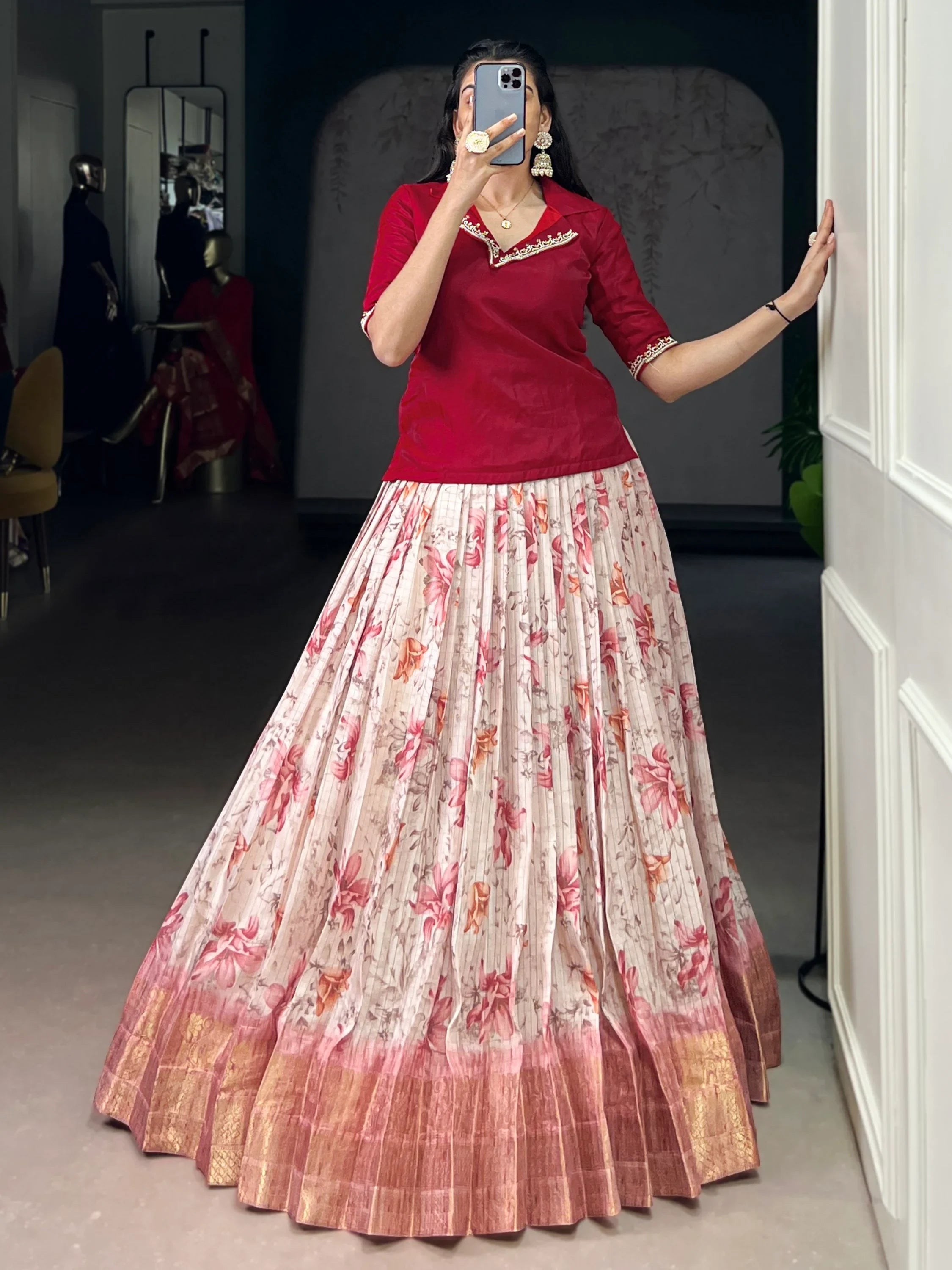 Red Classic Floral Printed Dola Silk Festive Wear Co-Ord Lehenga Set