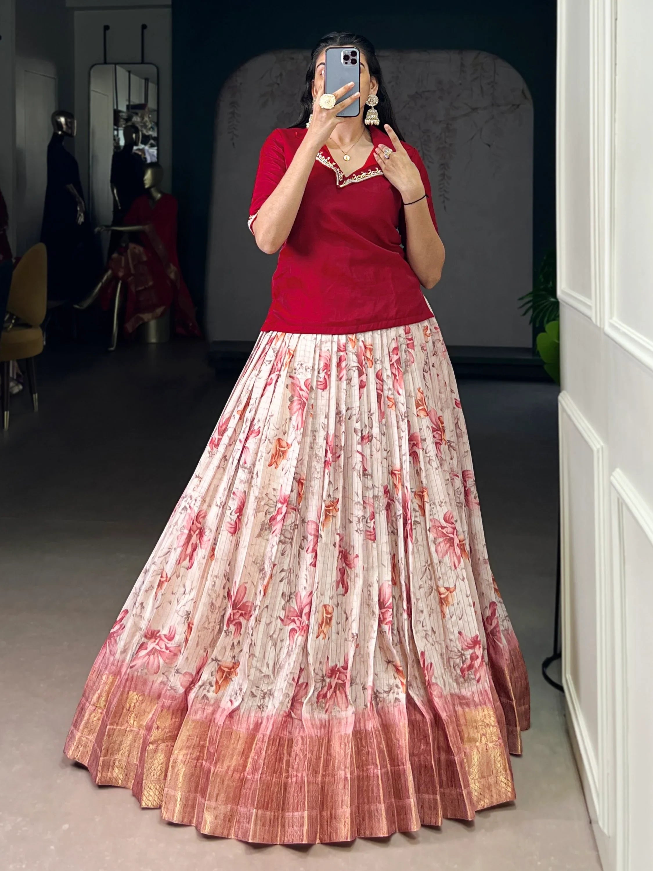 Red Classic Floral Printed Dola Silk Festive Wear Co-Ord Lehenga Set