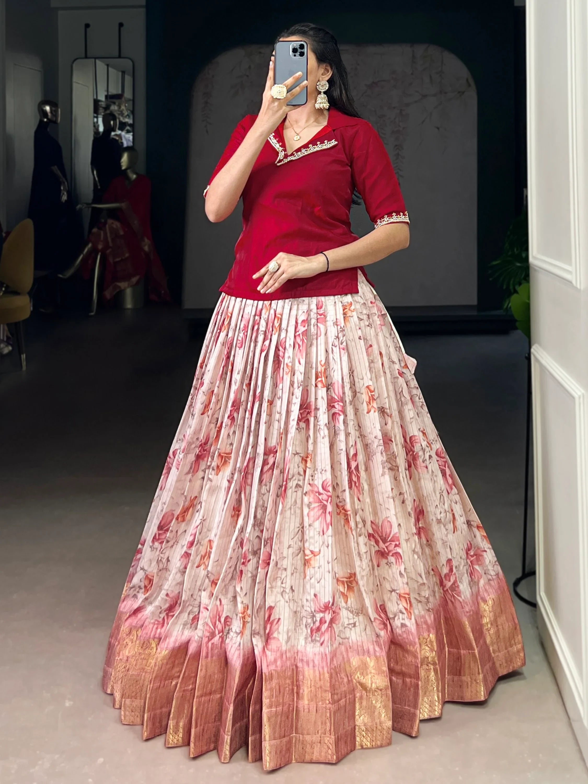 Red Classic Floral Printed Dola Silk Festive Wear Co-Ord Lehenga Set