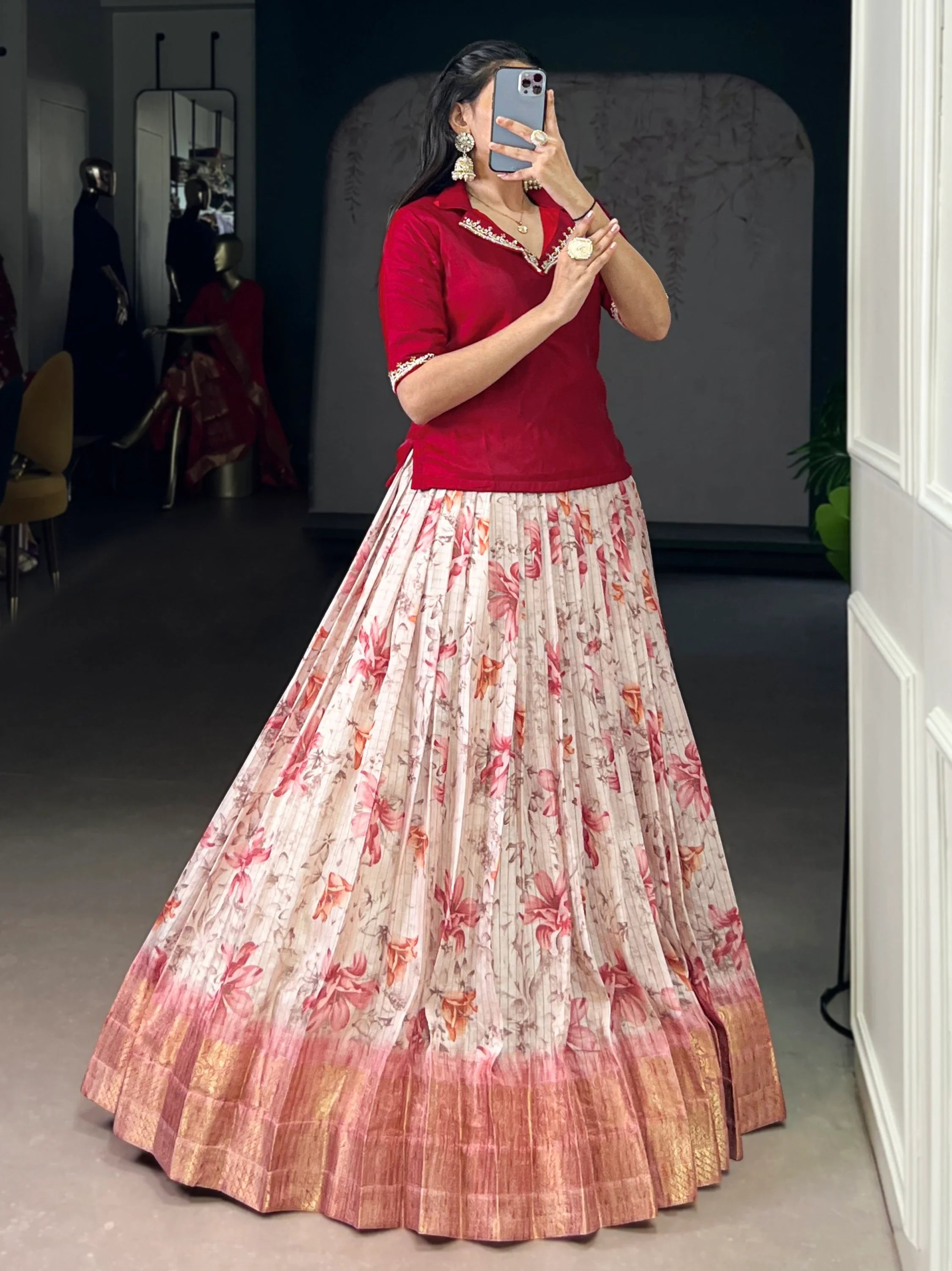 Red Classic Floral Printed Dola Silk Festive Wear Co-Ord Lehenga Set