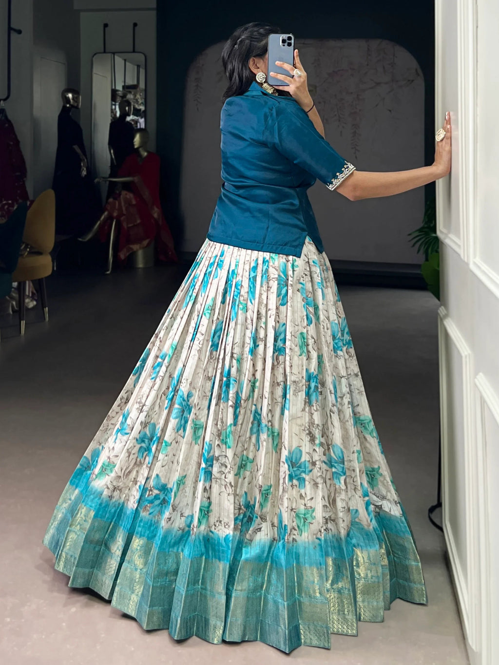 Teal Classic Floral Printed Dola Silk Festive Wear Co-Ord Lehenga Set