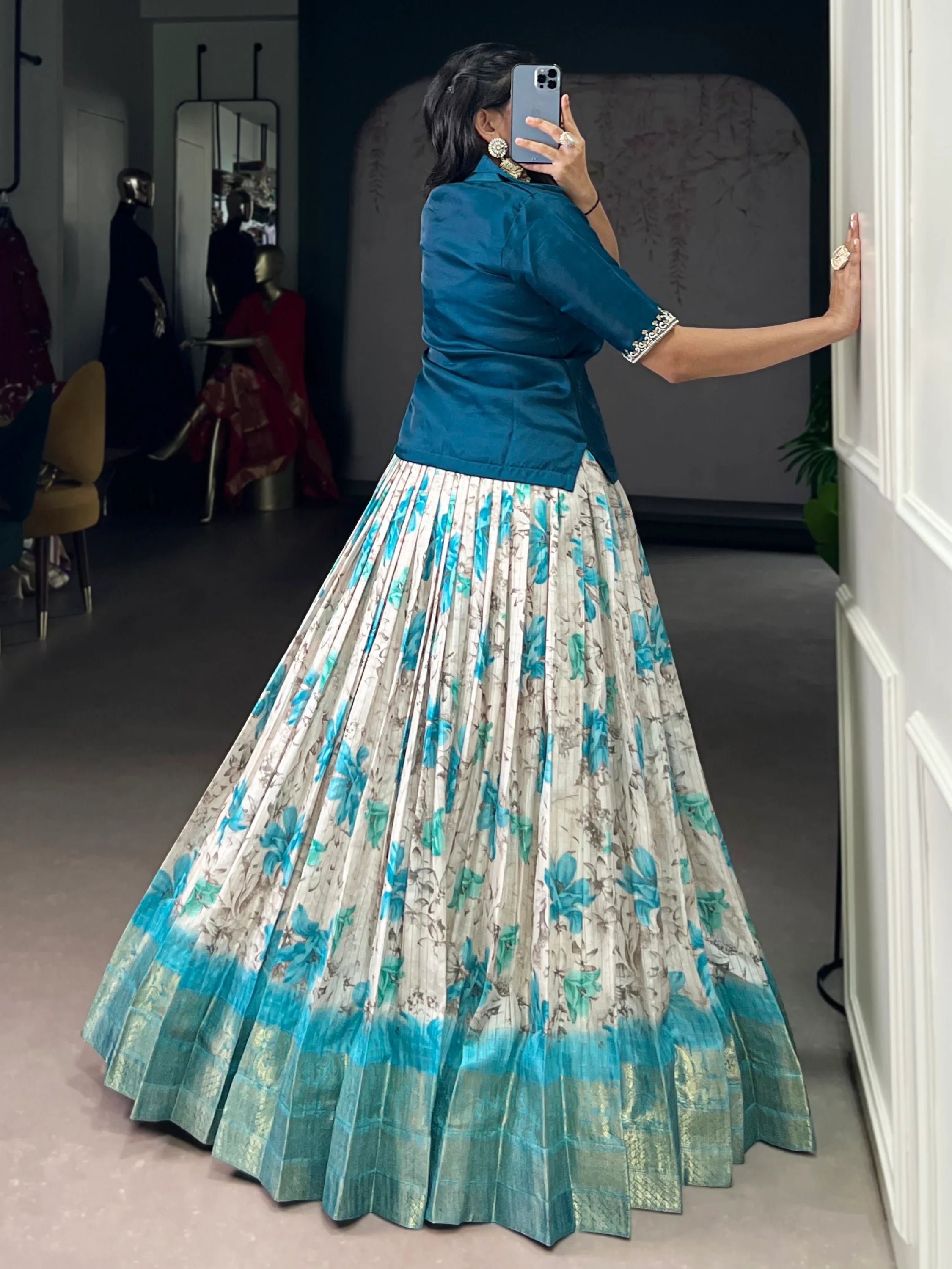 Teal Classic Floral Printed Dola Silk Festive Wear Co-Ord Lehenga Set